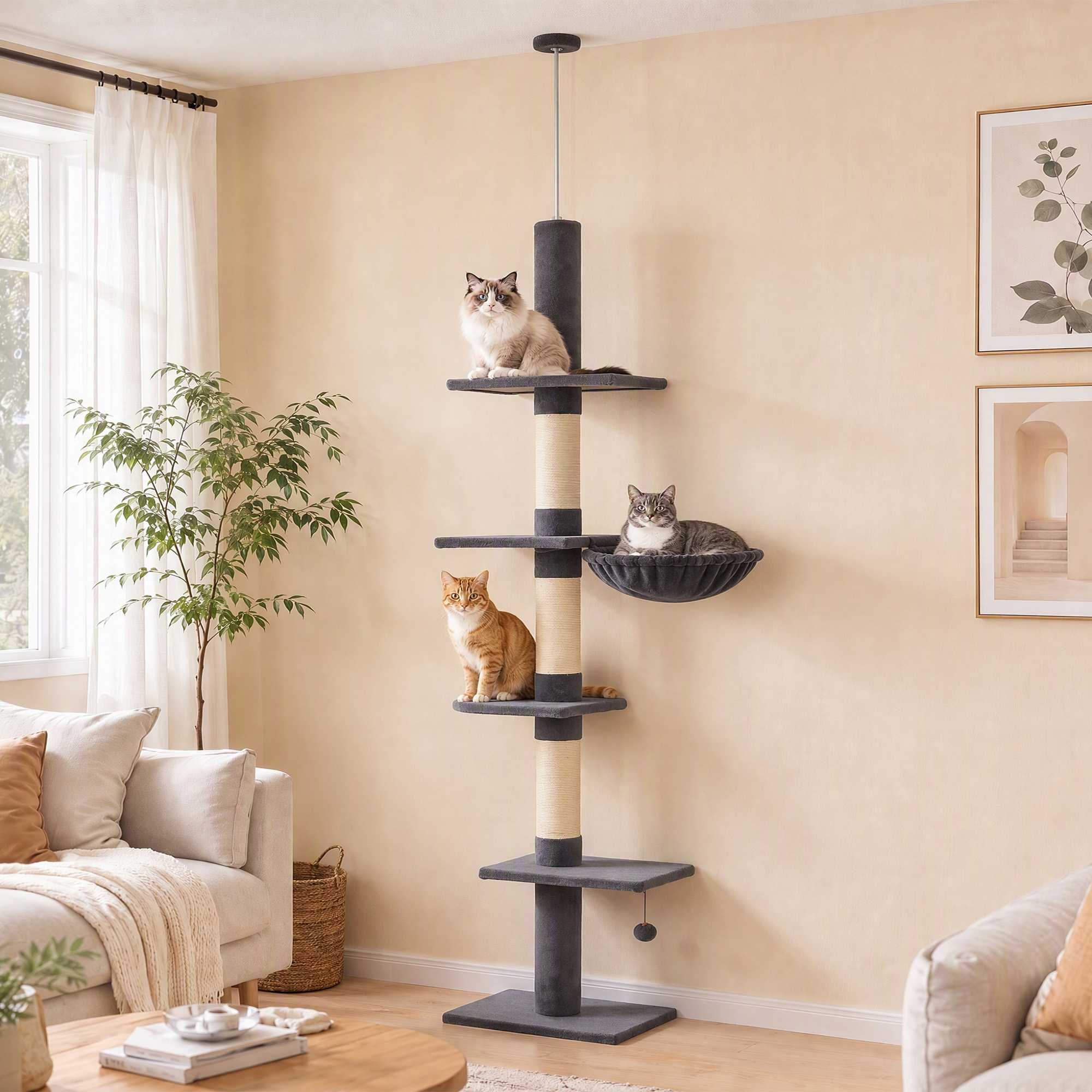 Kratzbaum Deckenhoch 225-255 cm höhenverstellbar Katzenbaum mit 5 Etagen 3 Sisal-Kratzstämmen, Hängematte, Plattformen