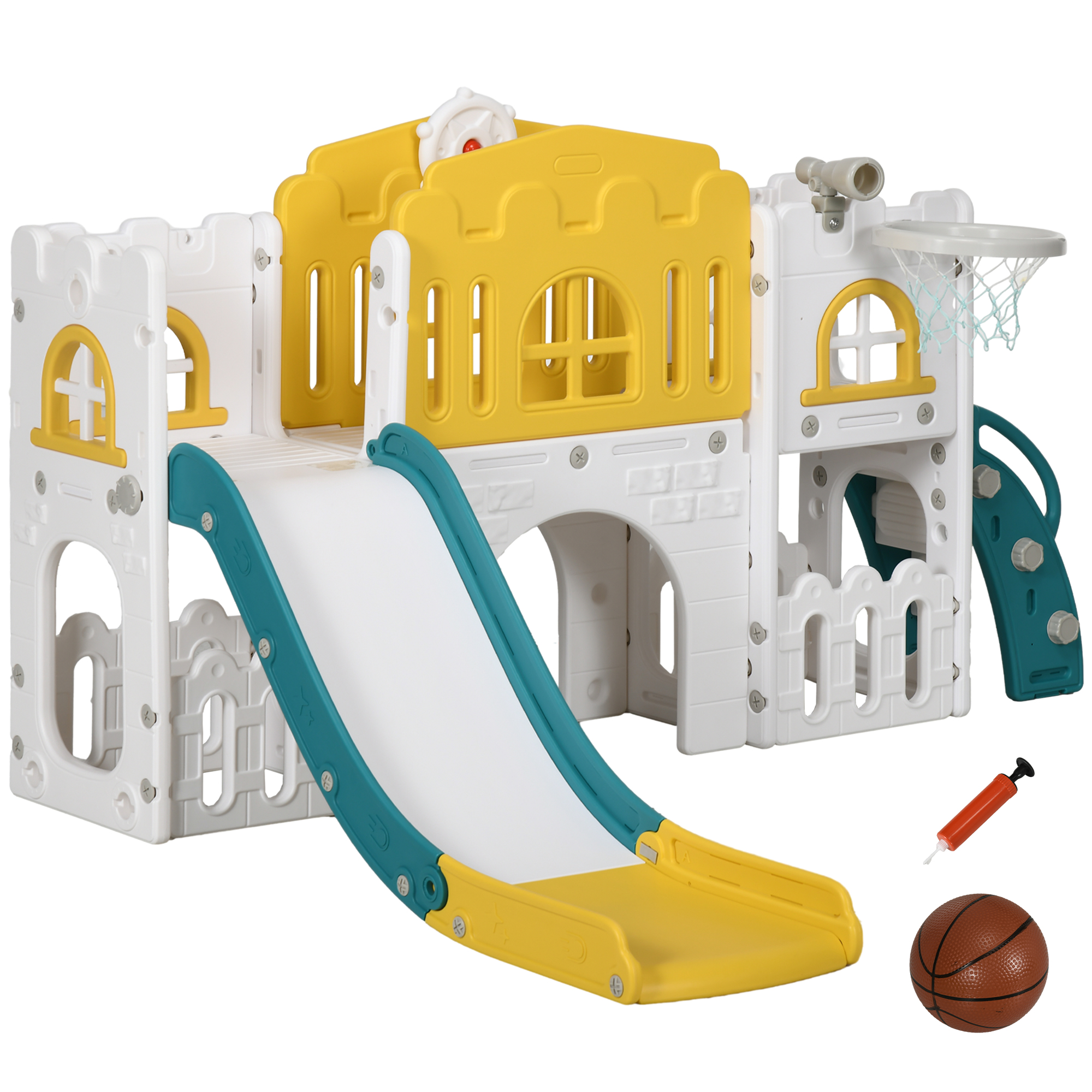 Kinderrutsche, 7-in-1 Spielgerüst, mit Basketball & Lenkrad, für 1-3 Jahre, 178x177x99cm, Gelb/Weiß/Grün