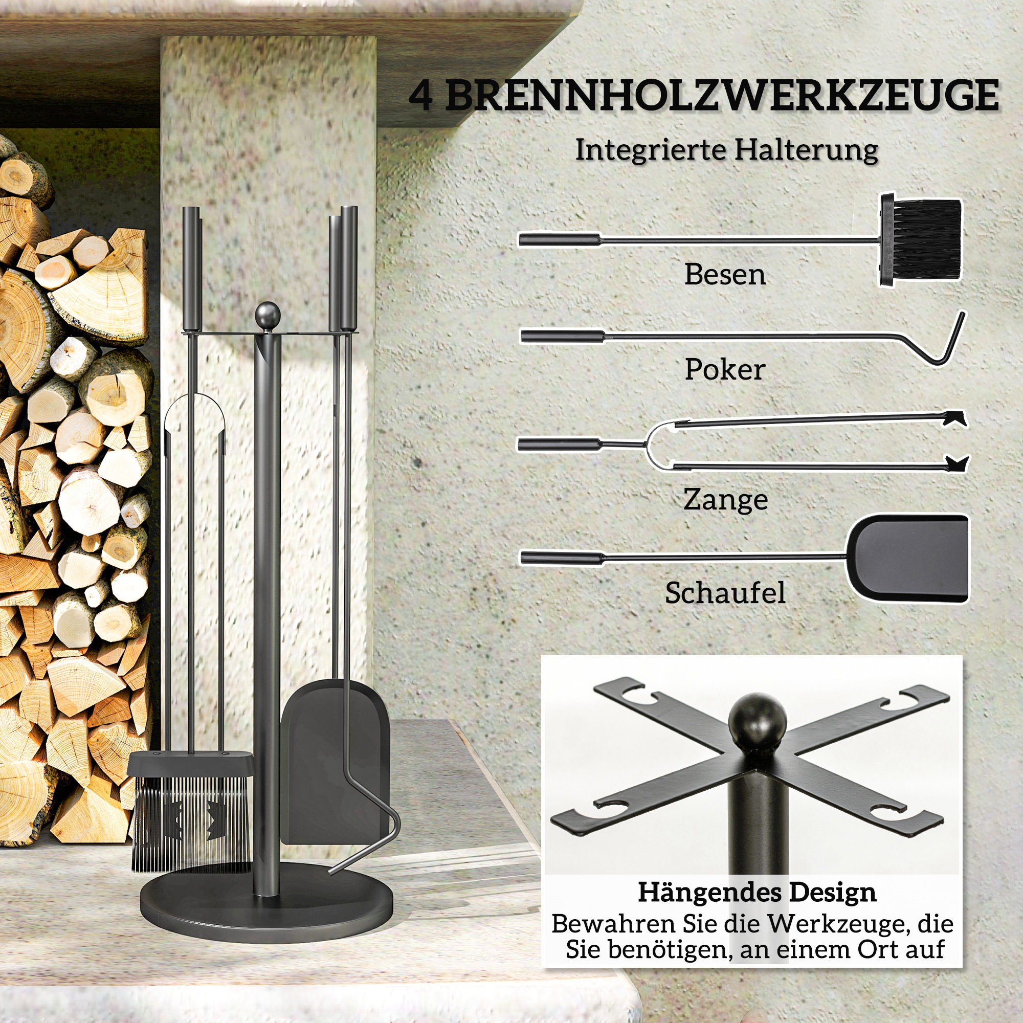 Kaminbesteck, 5-teilig, Besen, Schaufel, Zange, Schürhaken und Ständer, feuerfestes Metall, Schwarz