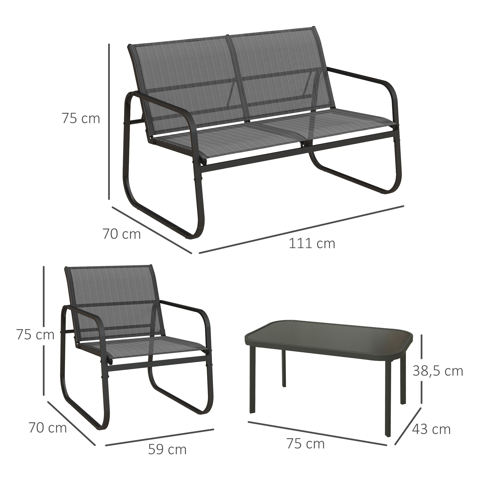 4-teilige Gartengarnitur, 2 Sessel, 2-Sitzer-Sofa, Tisch mit Glasplatte, atmungsaktiver Stoff, Metallrahmen, Schwarz