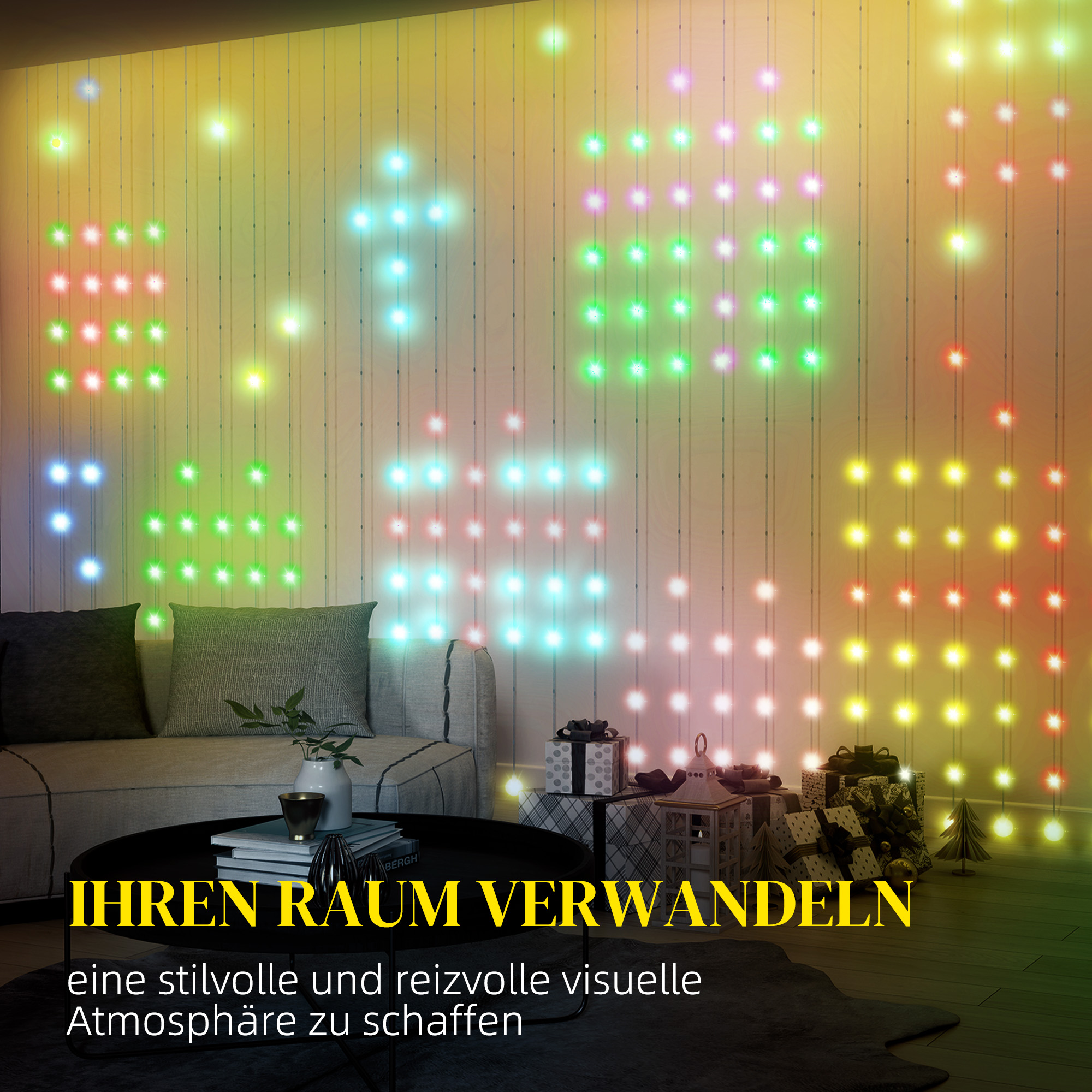 Vorhang mit 400 LED-Lichtern, Dynamische Lichterketten mit Musiksynchronisation für Schlafzimmer, Wohnzimmer, 3 x 3 m
