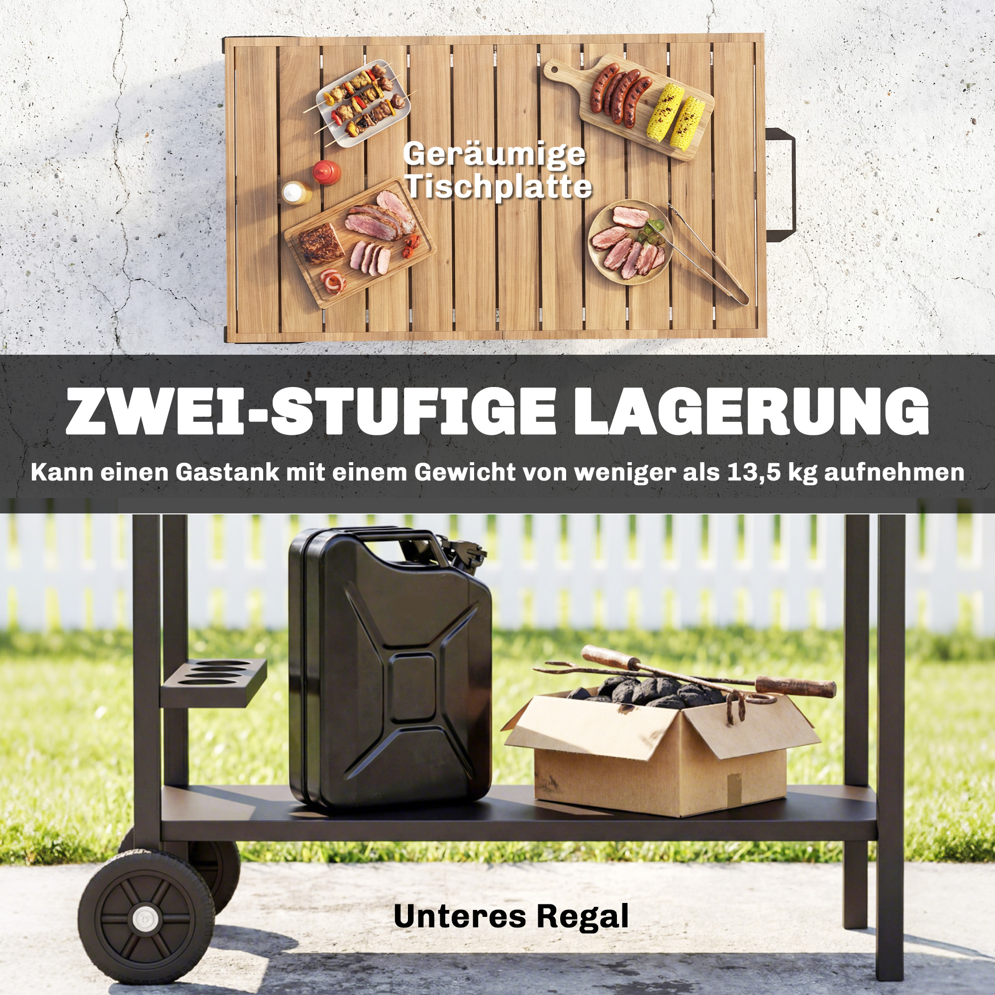 Küchenwagen mit Rollen, Servierwagen, Rollwagen mit Haken, Getränkehalter, Metall, 97 x 51 x 83 cm Schwarz+Braun