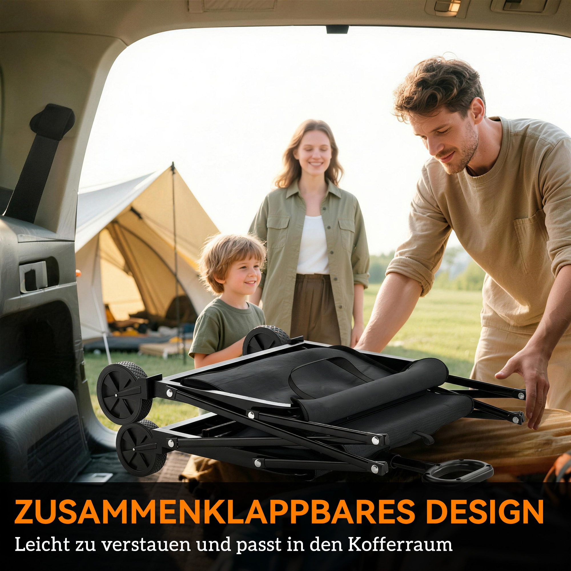 80L Festivalwagen auf Rädern, kompakter faltbarer Gartenwagen mit verstellbarem Griff, Schwarz