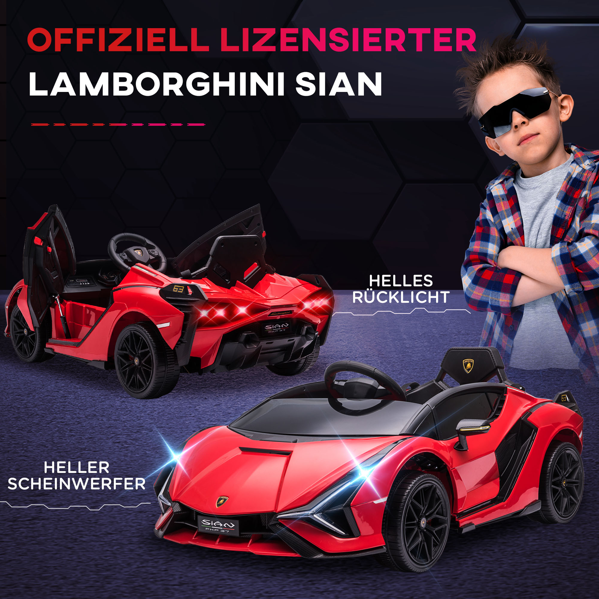 Kinderfahrzeug 12V 2 Fahrmodi Lamborghini SIAN SUV-Auto-Spielzeug Elektroauto mit Fernbedienung Musik(MP3/USB) Licht 37-60 Monate Metall Rot 108 x 62 x 40 cm