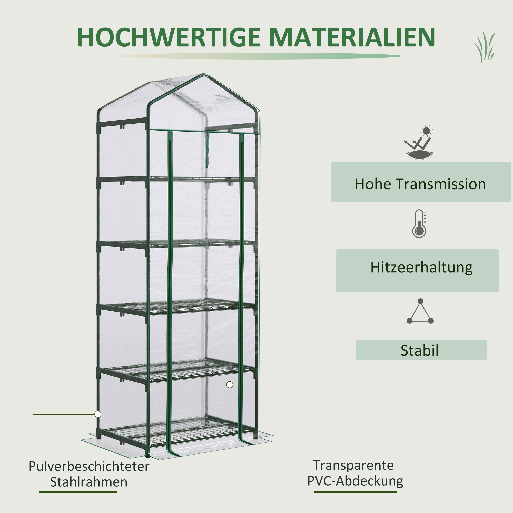 Foliengewächshaus Mini-Gewächshaus mit 5 Regale für Blumen oder Gemüse Aufzucht Treibhaus Transparent+Grün Stahl Kunststoff 69 x 49 x 193 cm