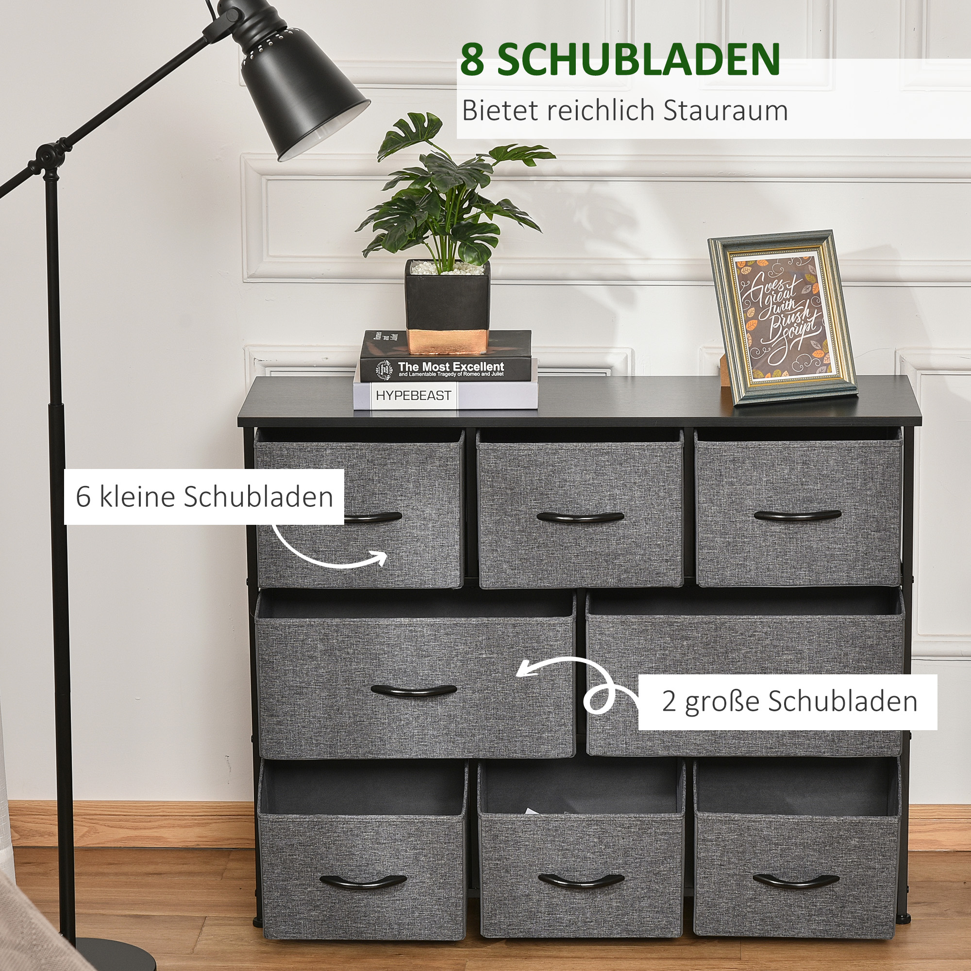 Kommode mit 8 Stoffschubladen, 2 große, 6 kleine, Metallrahmen, Kippschutz, Grau