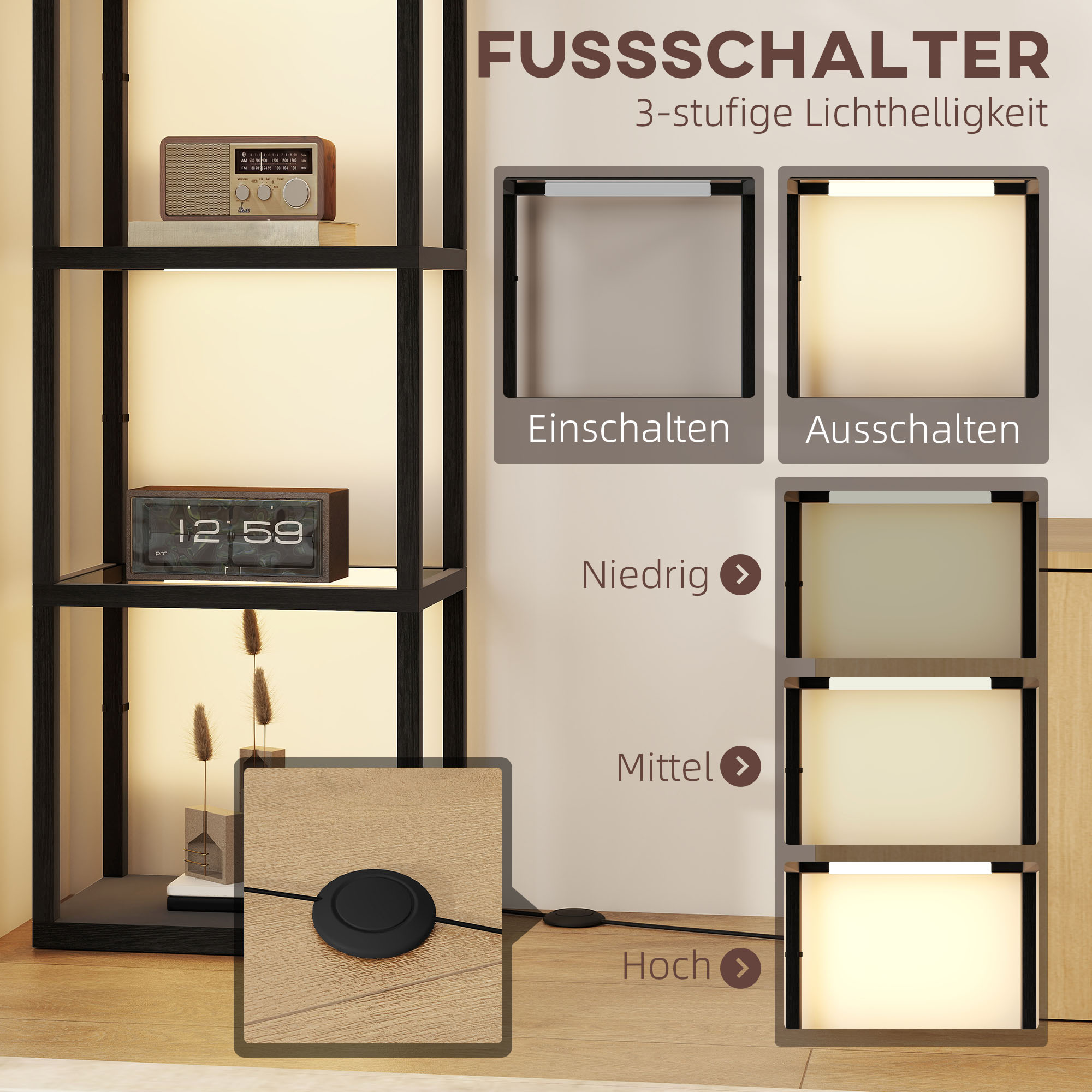 LED-Stehlampe mit 4-stufigem Regal, Leuchtregal mit 4 Glasfächern, Fußschalter, MDF, Schwarz