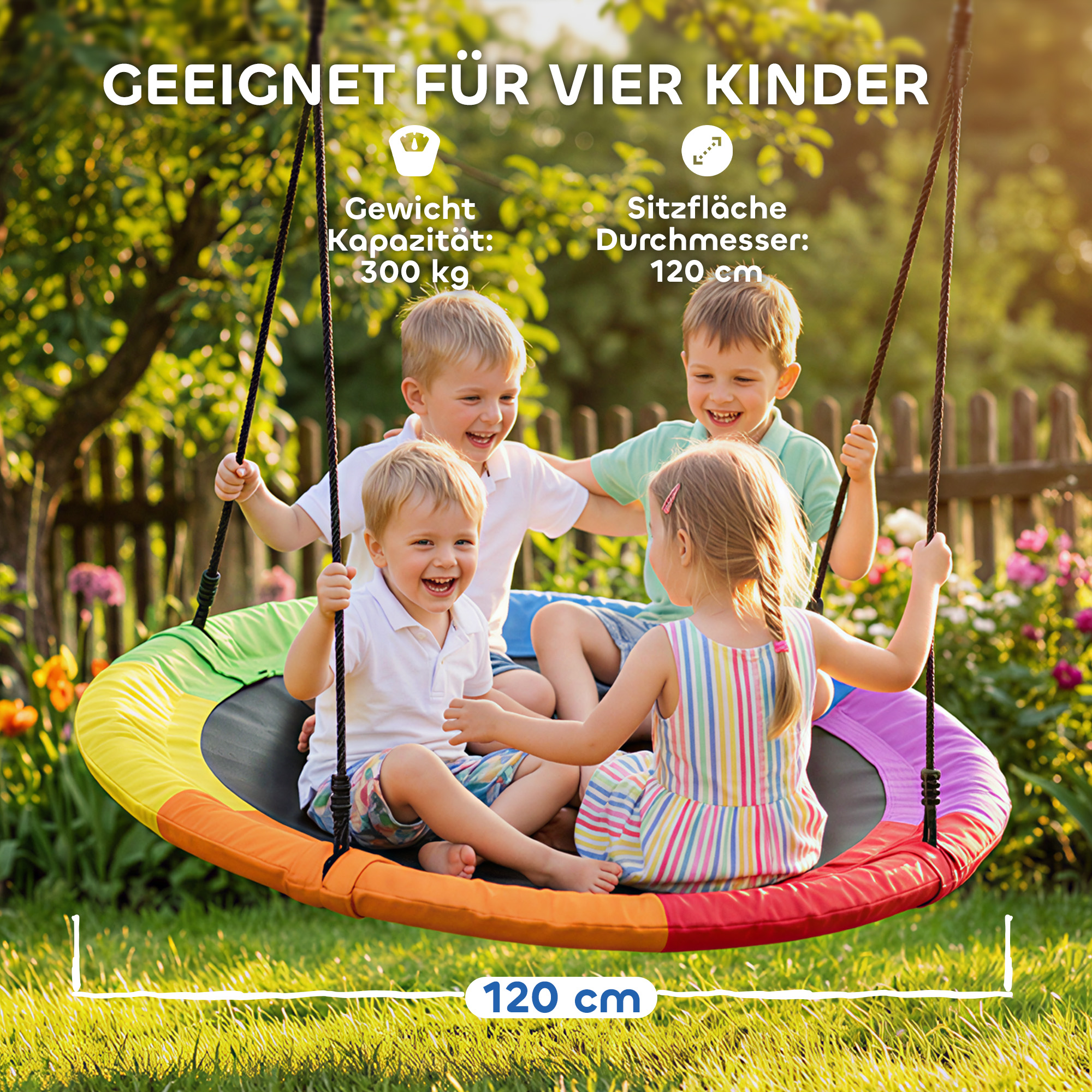 Nestschaukel Höhenverstellbar Hängeschaukel Ø 120 cm bis zu 300kg für 3-8 Jahre Kinder, 120 x 120 x 180 cm Mehrfarbig