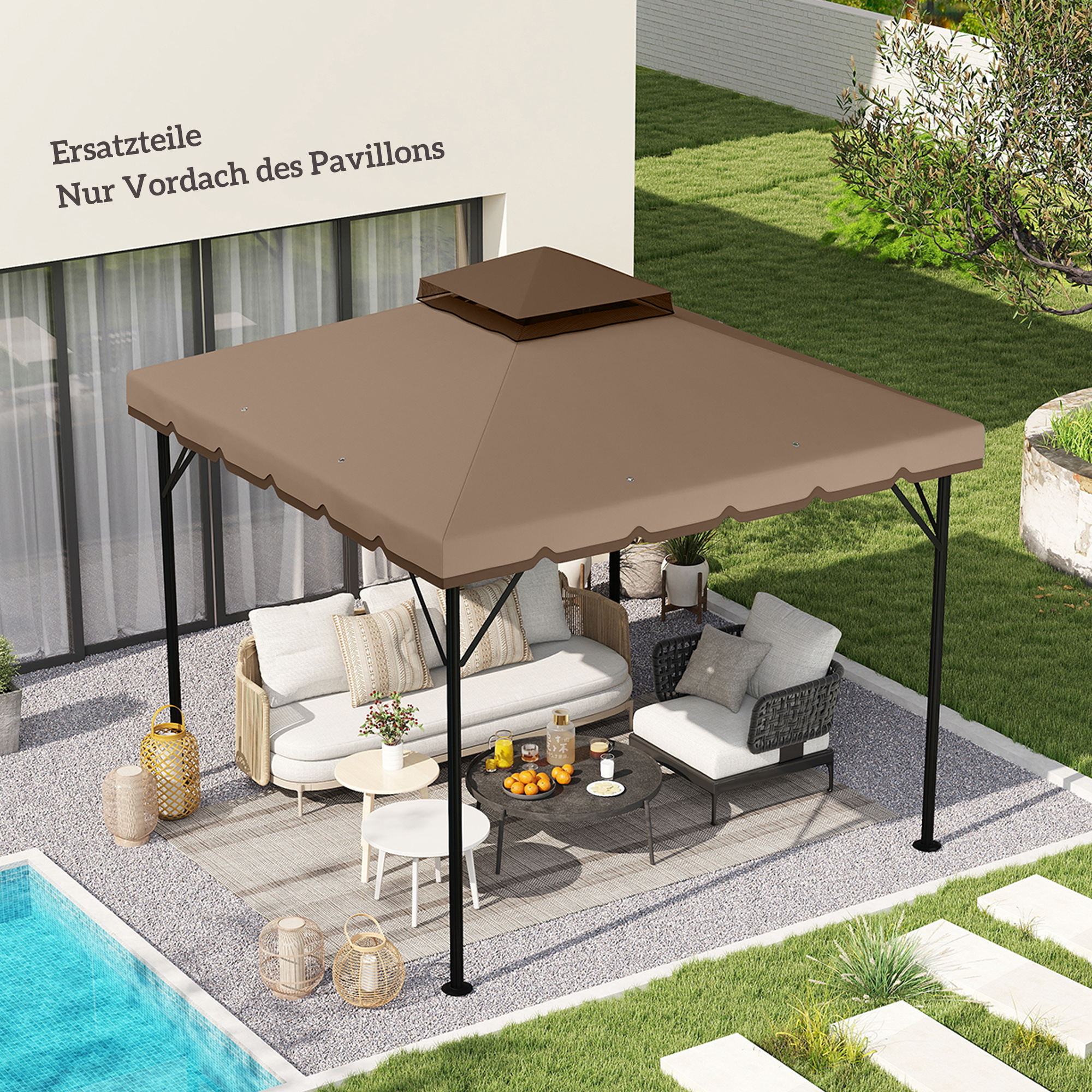 Ersatzdach für Pavillon 3x3m Wasserabweisend Pavillondach mit Doppeldach Wasserablauflöchern Khaki