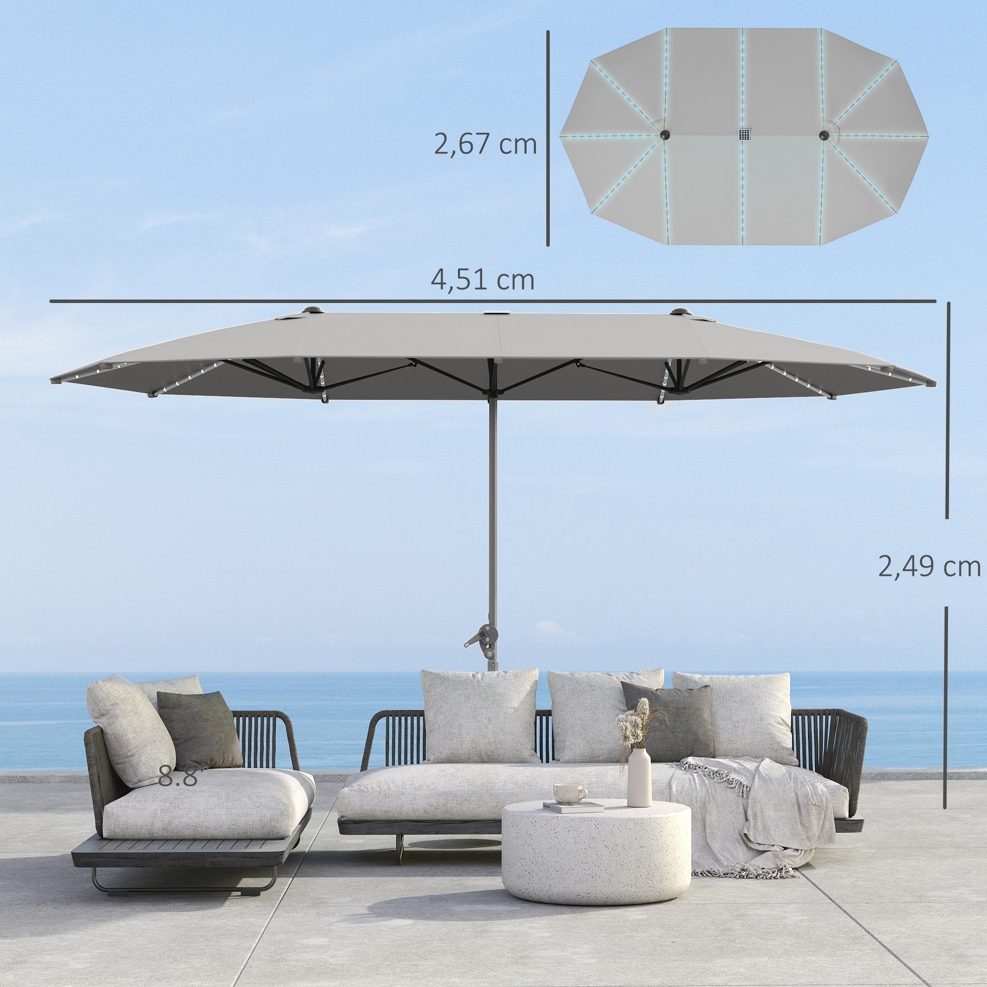 Doppelschirm mit Solar-Lichtern, Aluminium, Polyester, UPF50+ Schutz, UV-beständig, Terrassenschirm, Dunkelgrau