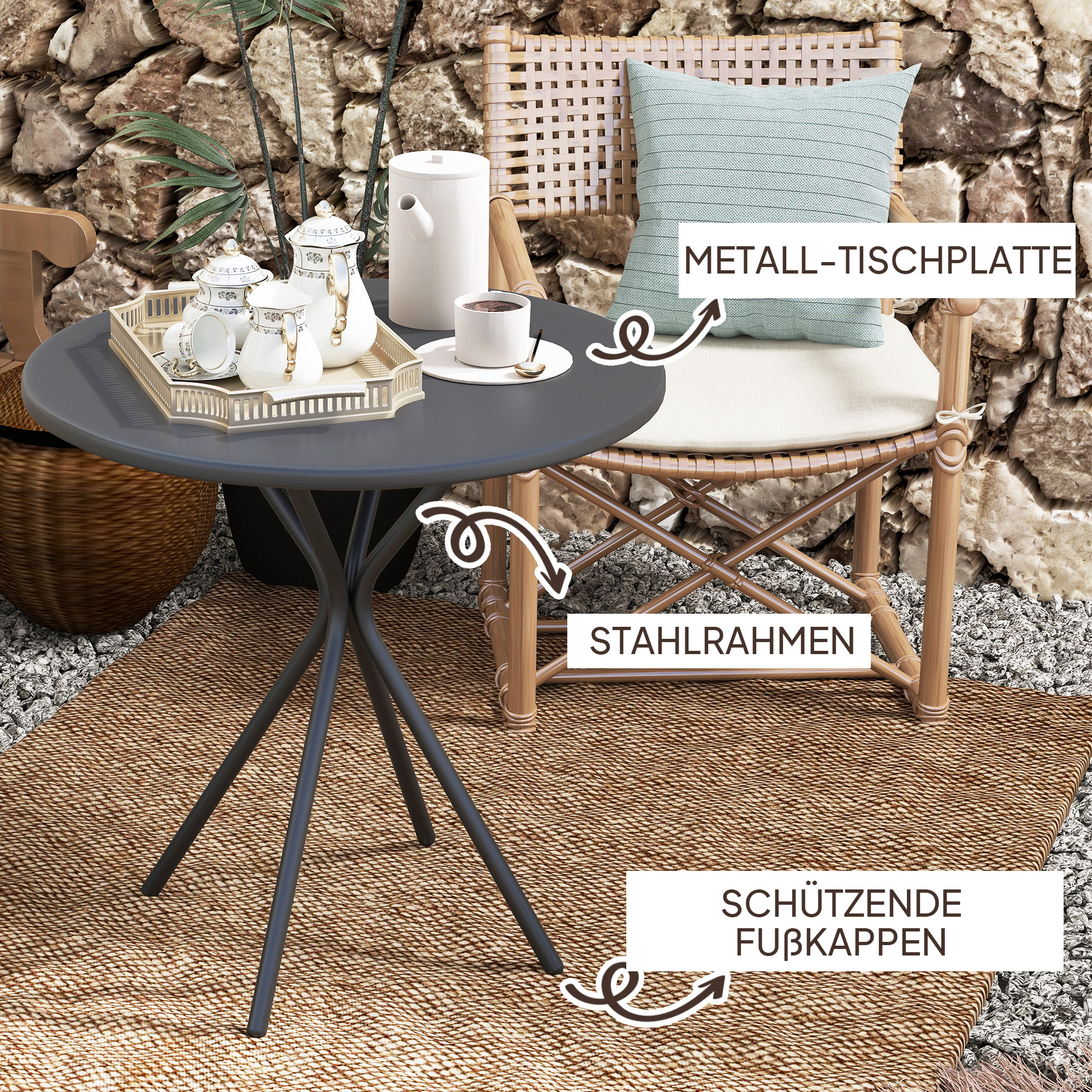 Gartentisch Ø60 x 70 cm, Wetterfest Balkontisch aus Stahl, Runder Esstisch mit Fußpolster Schwarz