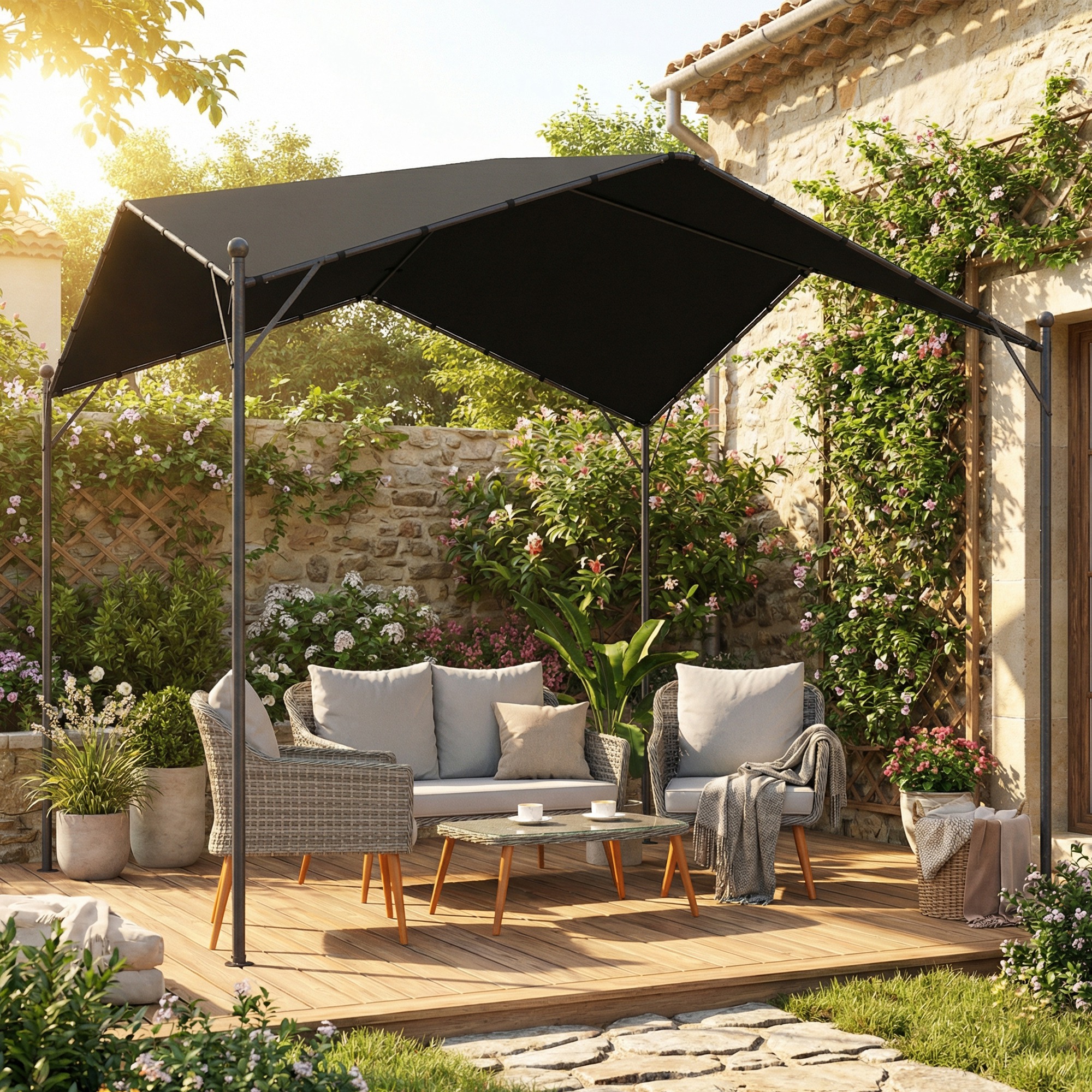 Pergola Pavillon 3x3m Wasserabweisend Stabil winterfest Sonnenschutz mit Satteldach Dreiecksverstrebungen