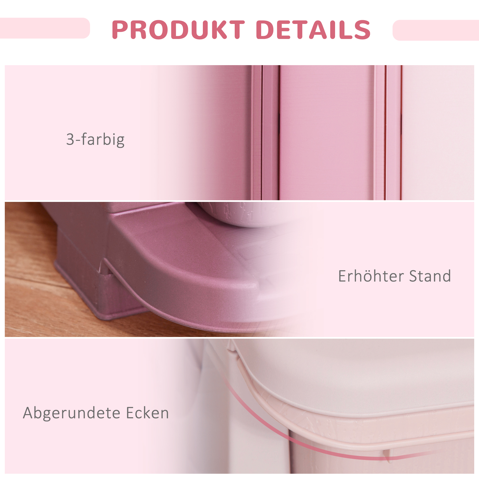 Aufbewahrungsboxen für Kinder, 3 Schubladen, abgerundete Kanten, erhöhtes Design, 37x37x56,5 cm, Rosa