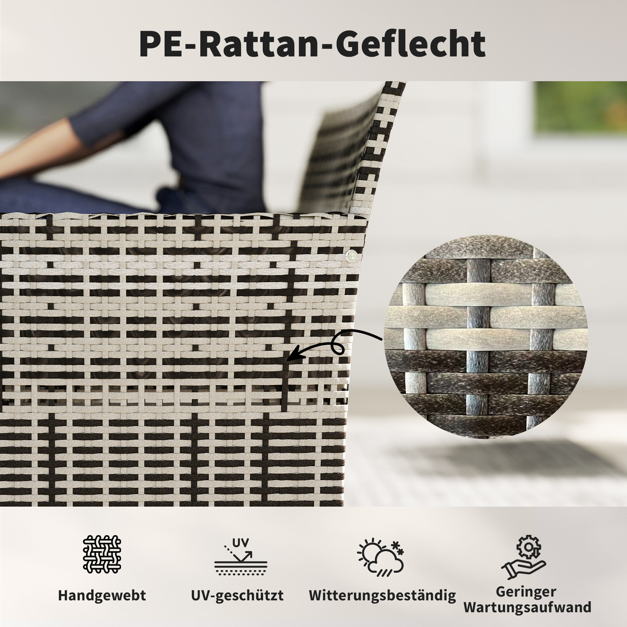 2-Sitzer Rattan Gartensofa PE-Rattan Outdoor-Terrassen-Sofa mit Polster, Anti-Rutsch-Matten, Stahlrahmen, Hellgrau