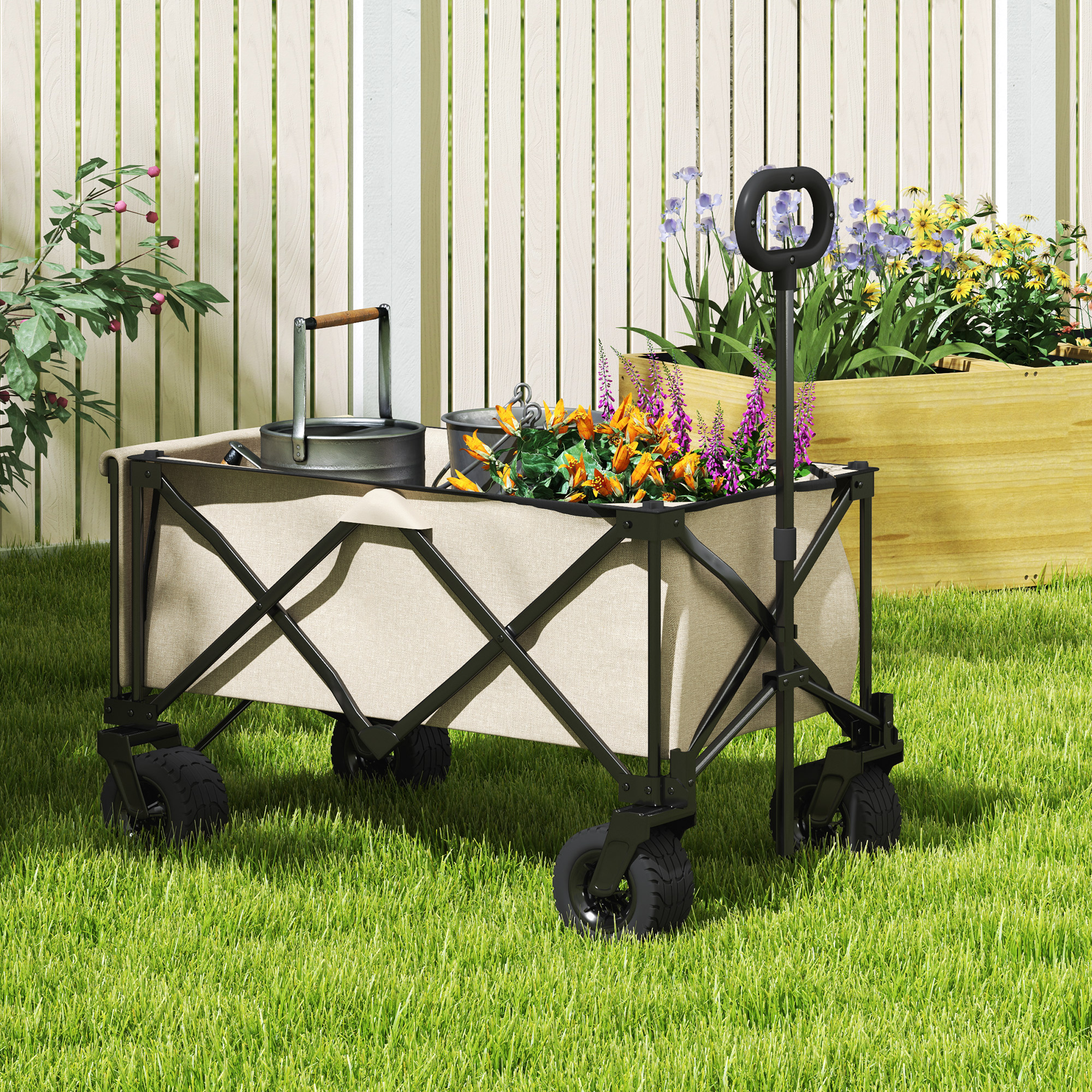 Gartenwagen 100 kg belastbar, klappbar Transportwagen mit herausnehmbare Plane, 90 x 48 x 92 cm Beige