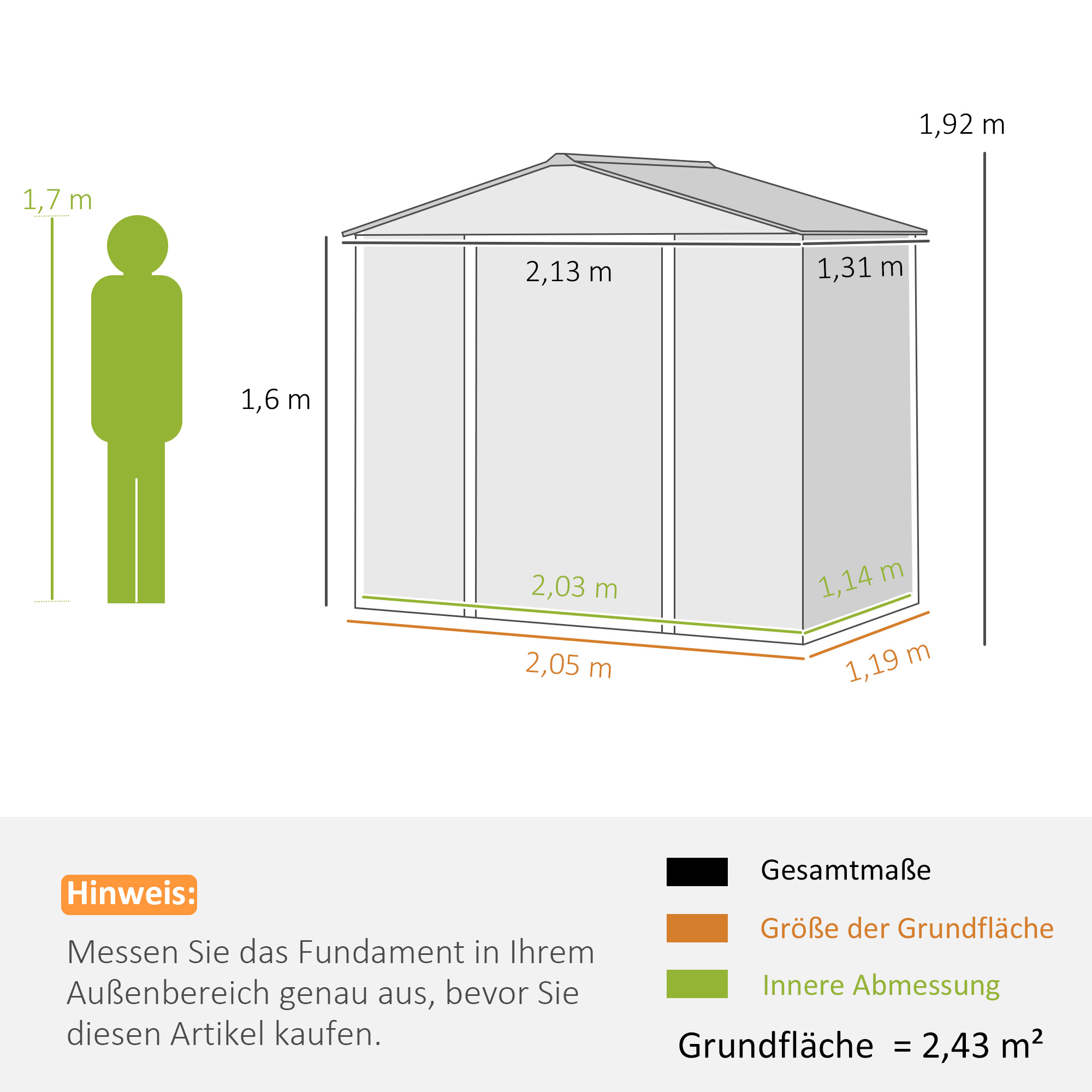 2,43 ? Gerätehaus, 213 x 131 x 192 cm Geräteschuppen mit Satteldach, Abschließbare Schiebetür, wetterfest, Grau