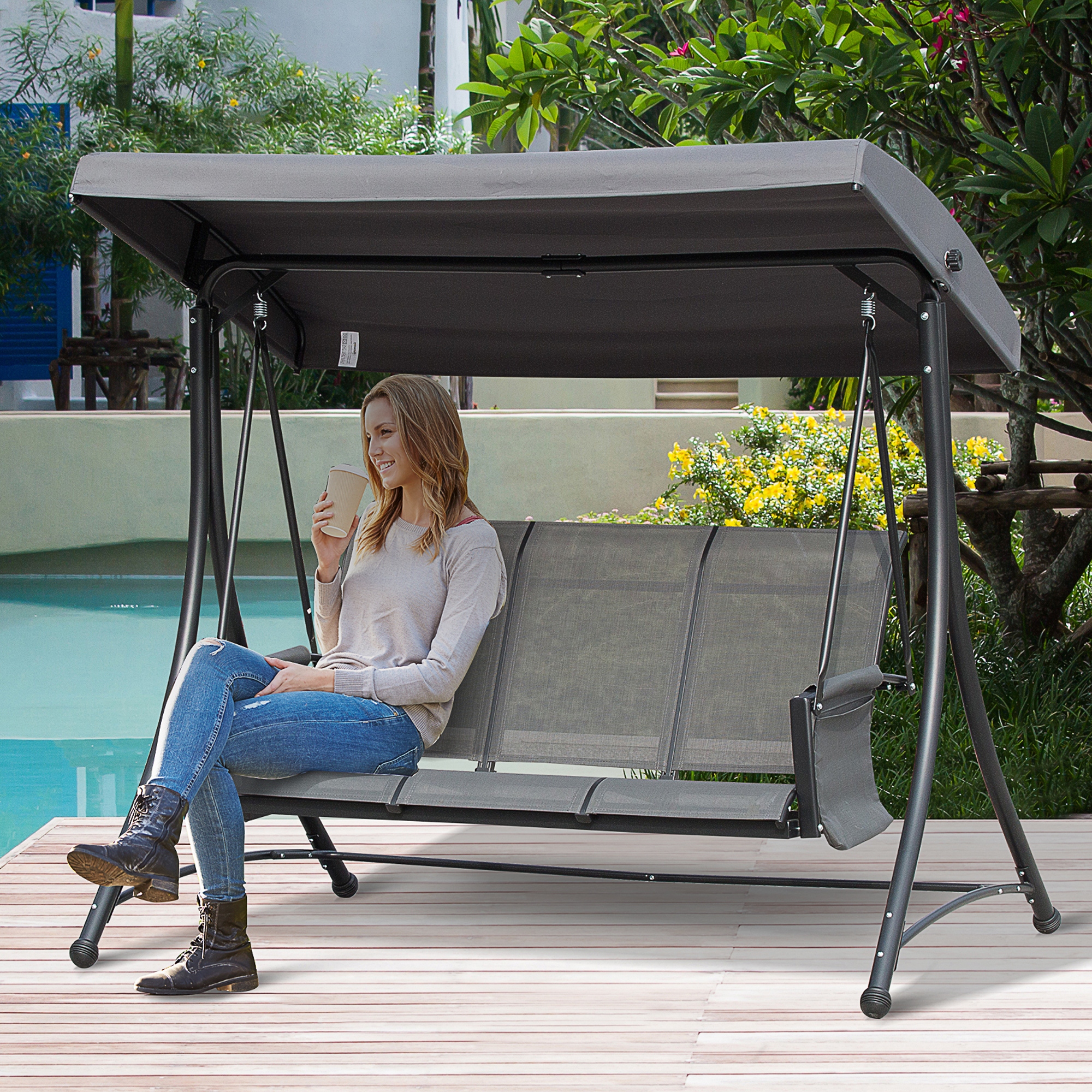 Hollywoodschaukel mit Seitentasche, 3-Sitzer Gartenschaukel mit verstellbarem Sonnendach, Schaukelbank belast bis 300kg, für Garten, Terrasse, 196 x 128 x 172 cm, Dunkelgrau