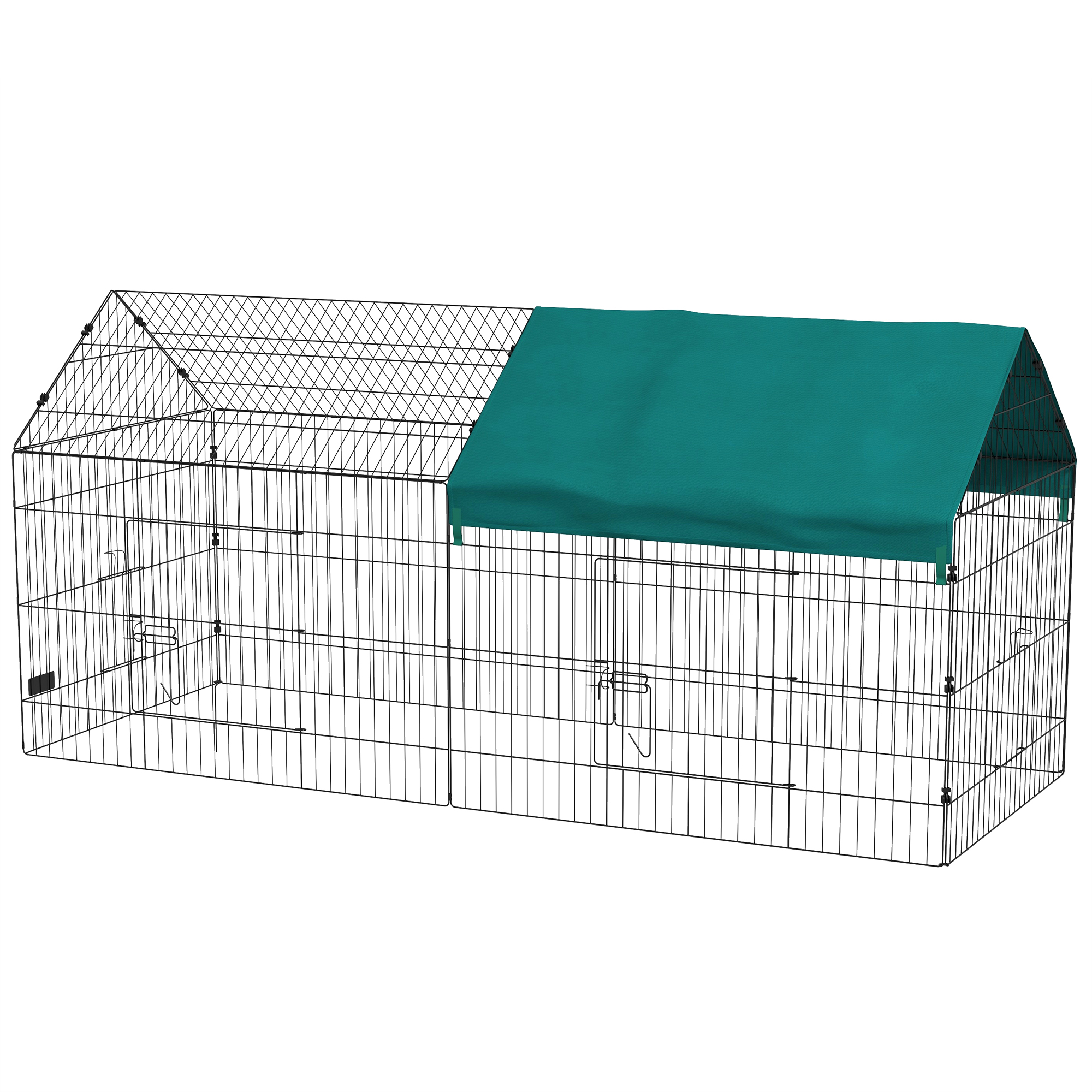 Kleintiergehege mit Dach, 4 Türen, wetterfest, Stahl/Polyester, 220x85x103cm, Grün/Schwarz