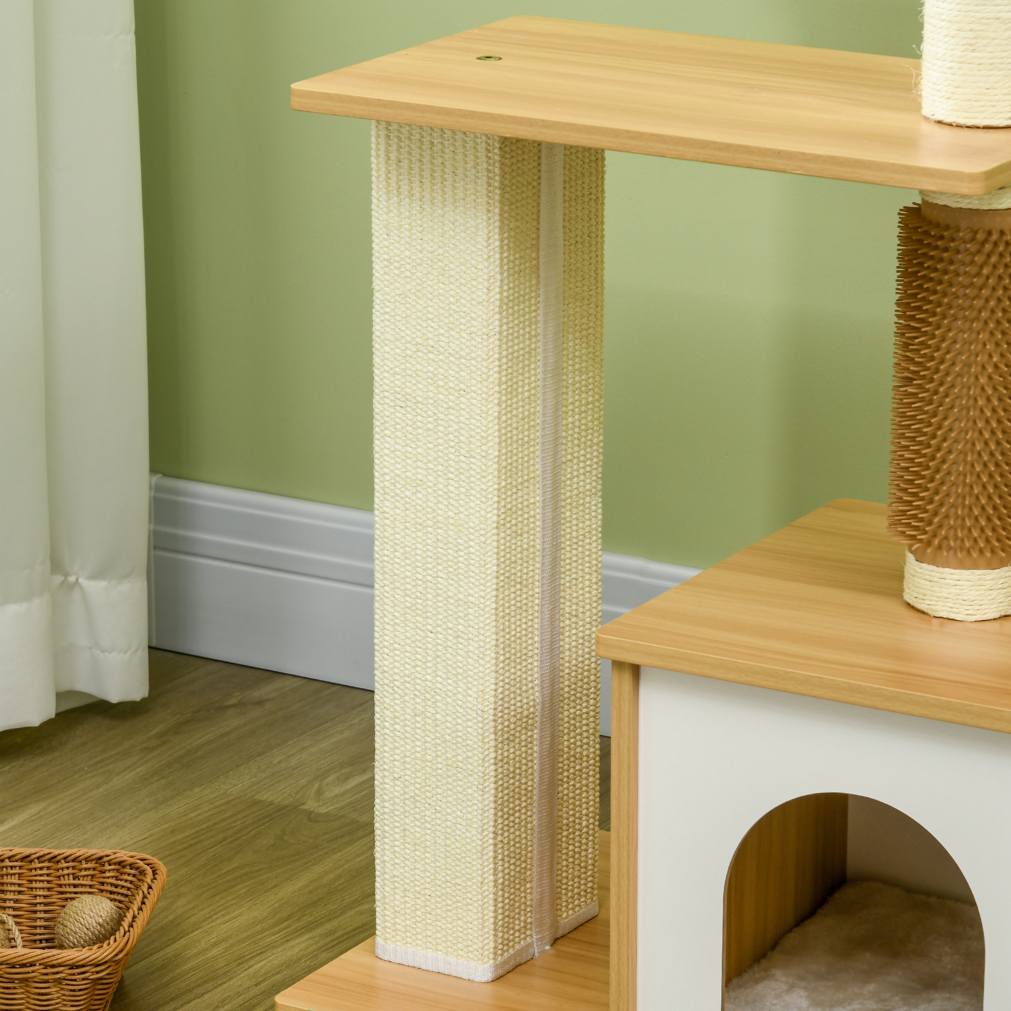 Kratzbaum Katzenbaum Katzenhöhle, 1 Katzenbett, 1 Liegefläche, 59,5 cm x 39,5 cm x 114 cm, Braun + Weiß