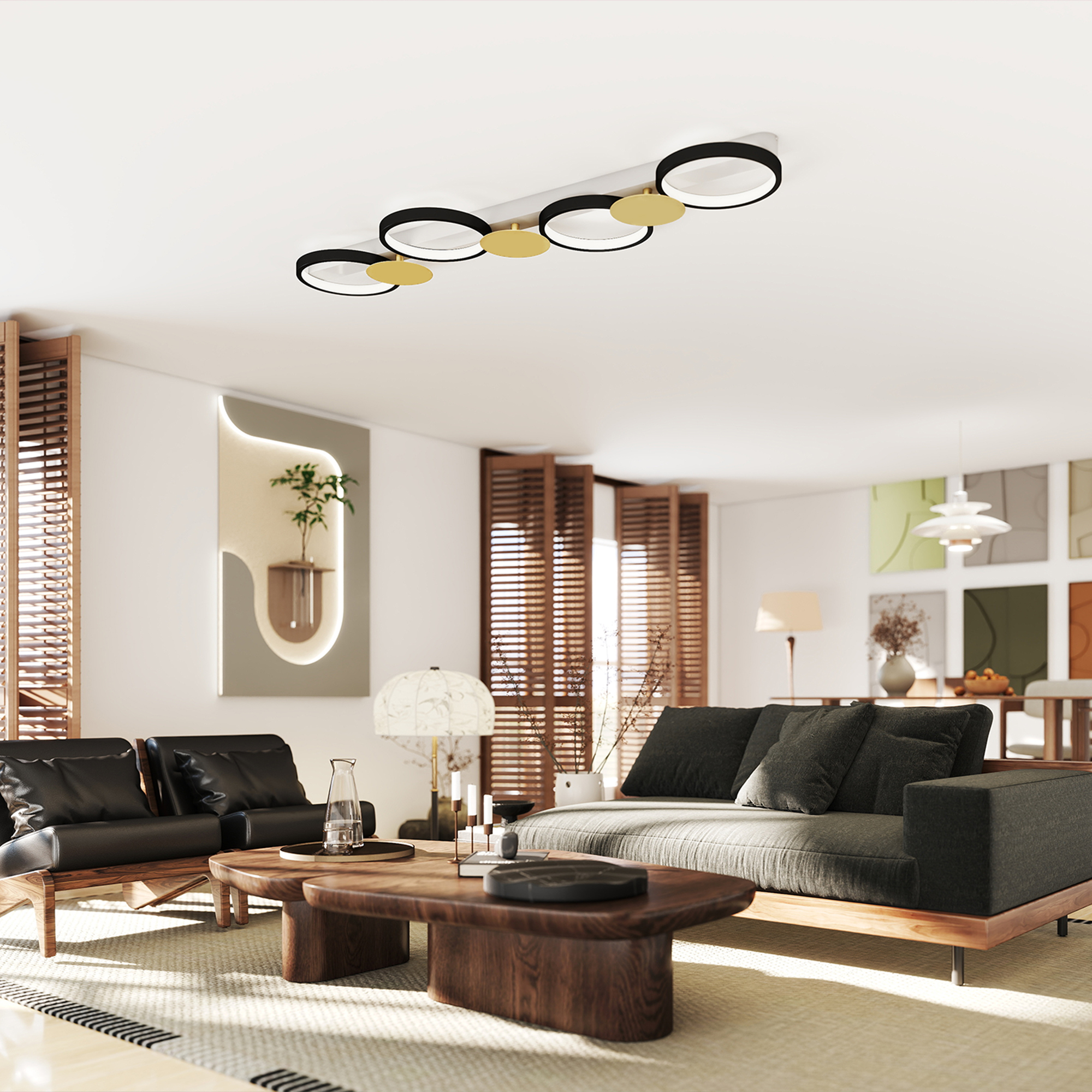 Deckenleuchte LED 38W 1500LM 3000K-6500K Deckenlampe Wohnzimmerlampe mit 4 Glühbirnen Fernbedienung Schwarz+Gold