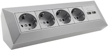 4-fach Steckdosenblock + 2x USB, silber - 250V~/ 16A, Aufbaumontage, USB 3,1A 4-fach Steckdosenblock + 2x USB, silber - 250V~/ 16A, Aufbaumontage, USB 3,1A