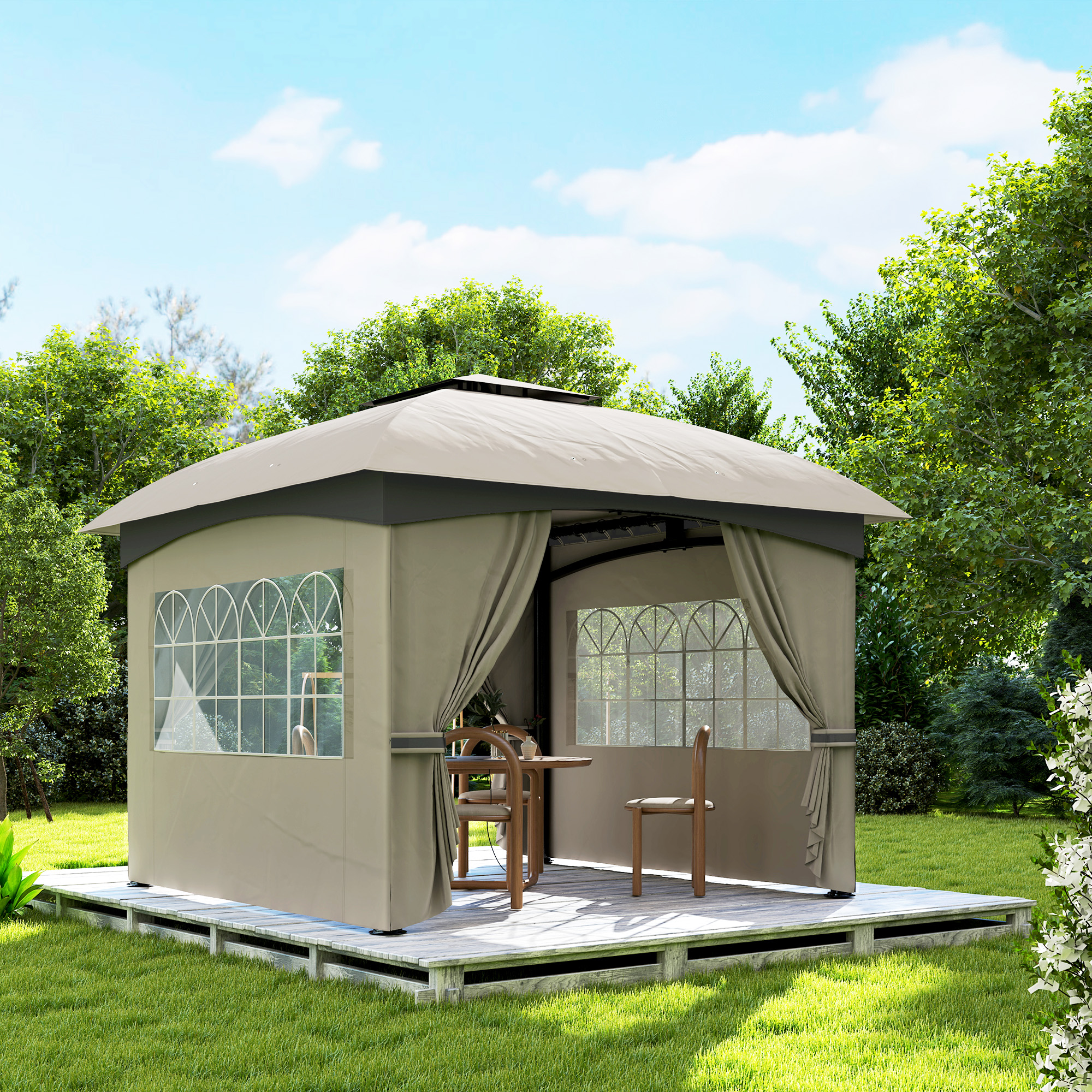 3,4 x 3,4 m Gartenpavillon, Bierzelt mit Lüftungsdach, Bogenfenstern, Stahlgestell, Hellgrau