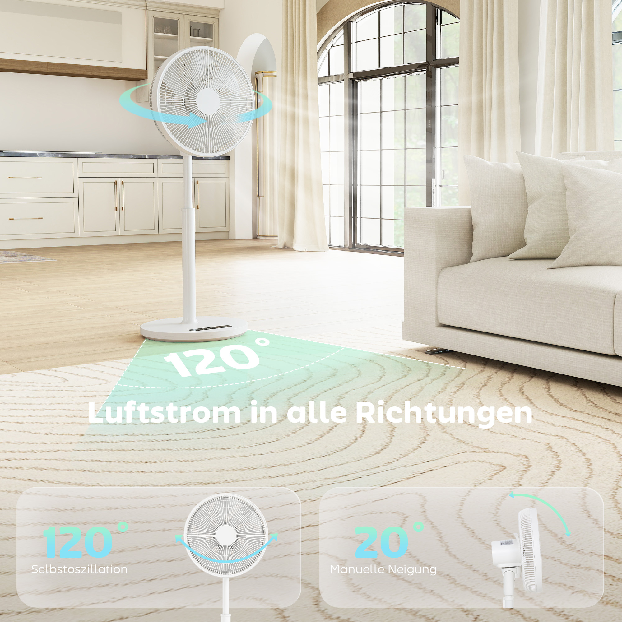 Standventilator mit Fernbedienung und 12 Geschwindigkeiten, Bodenventilator mit verstellbarer Höhe für das Schlafzimmer, Weiß