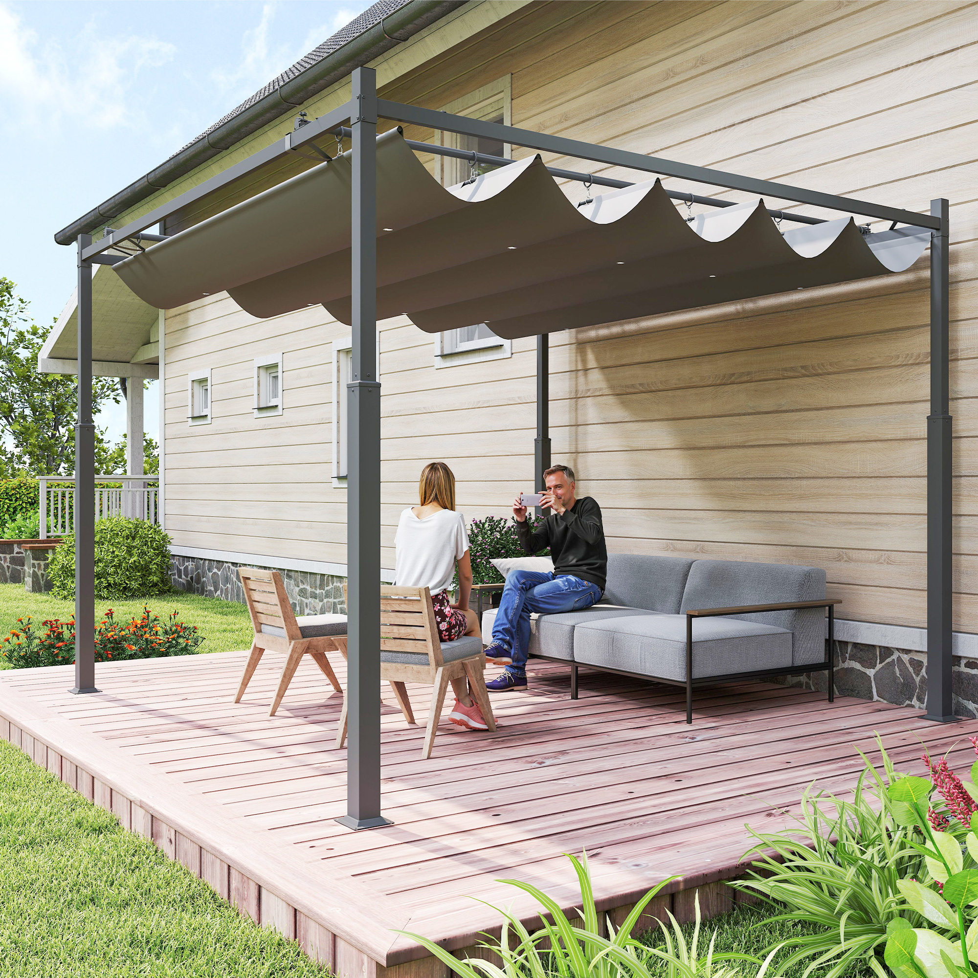 Pergola ca. 3x3 m Freistehend Terrassenüberdachung mit Schiebedach, magnetisches Pad, 8 cm Säule UV-beständig