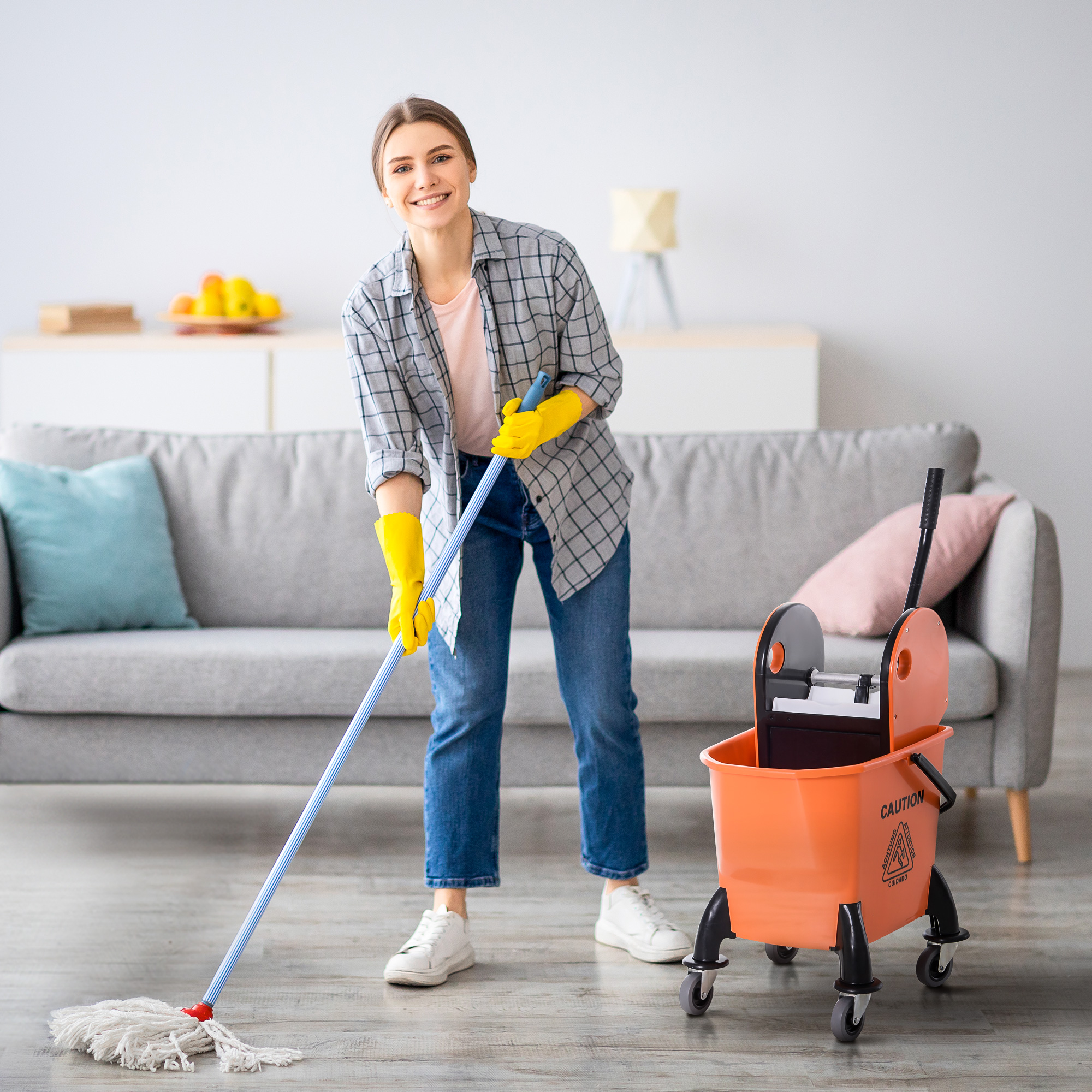Rollbarer Reinigungseimer, Moppeimer, Mopp-Presse, 26 L, Kunststoff, Orange