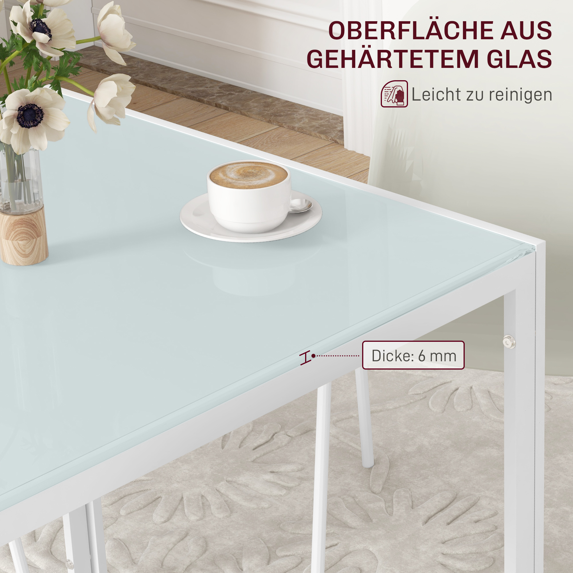 Quadratischer Esstisch für 4 Personen, Tischplatte aus Hartglas, für Küche und Esszimmer, 75 x 75 x 75 cm, Weiß