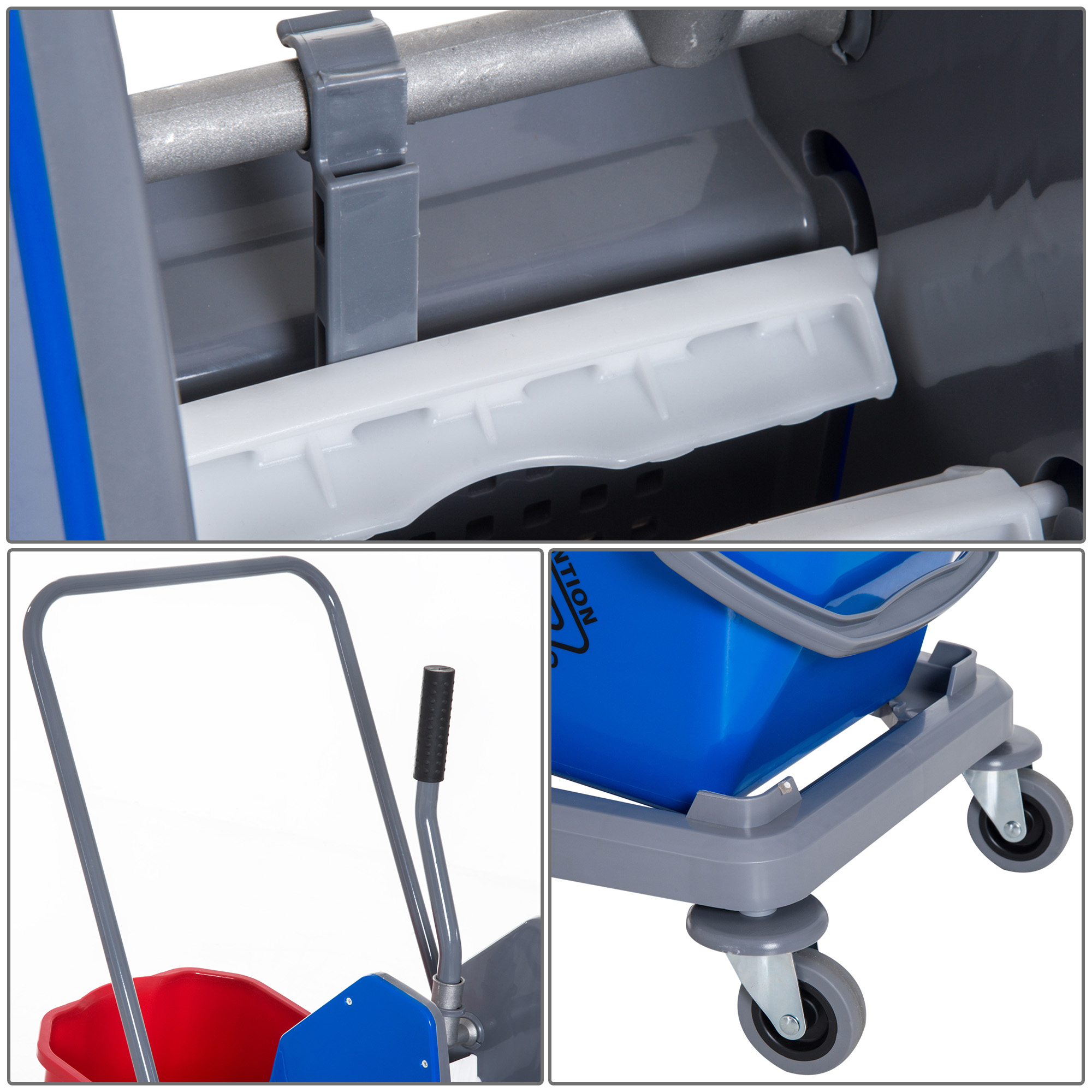 Putzwagen Reinigungswagen Wischwagen mit 2 Eimern Systemwagen mit 4 leichtgängigen Rollen Metall+PP Blau+Rot 73 × 45 × 92 cm