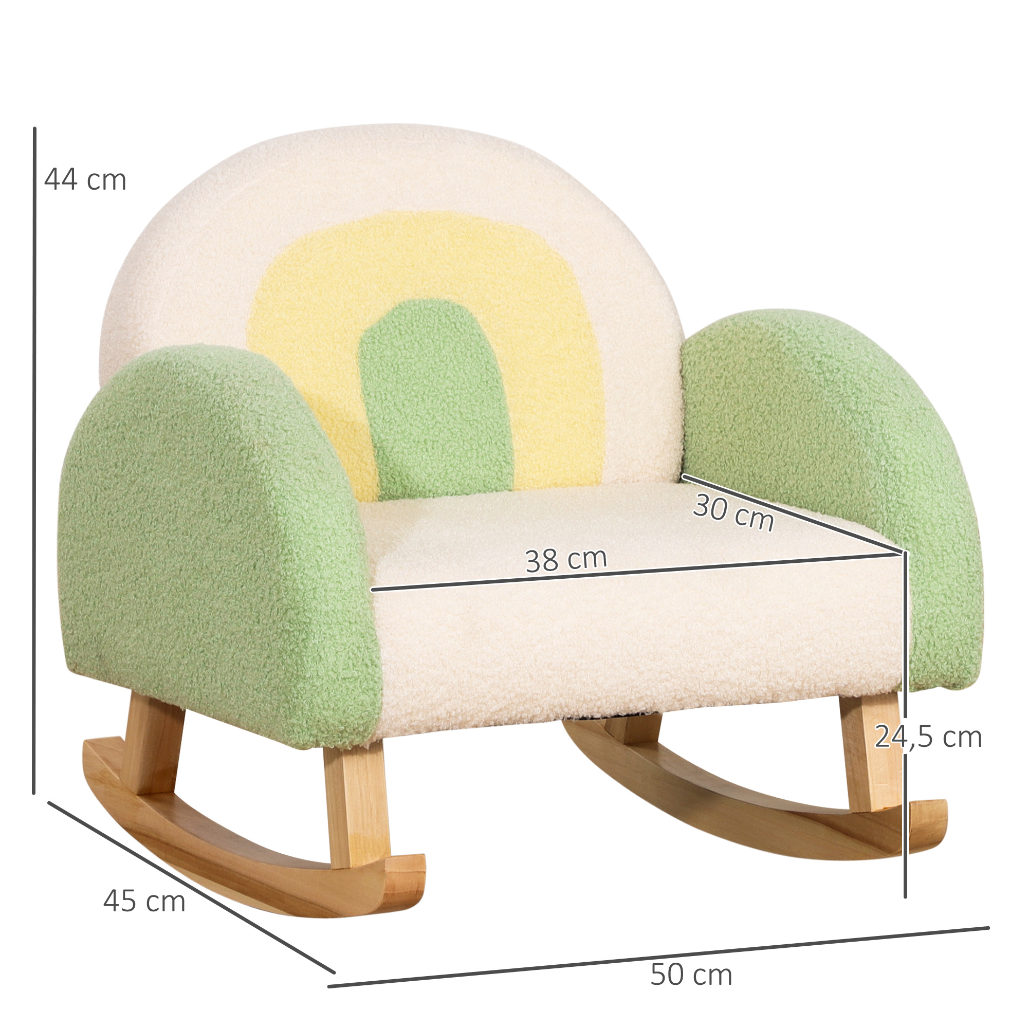 Schaukelstuhl für Kleinkinder Niedliches Design, Schaffell-Imitat, Eukalyptusholz Grün + Gelb Beige