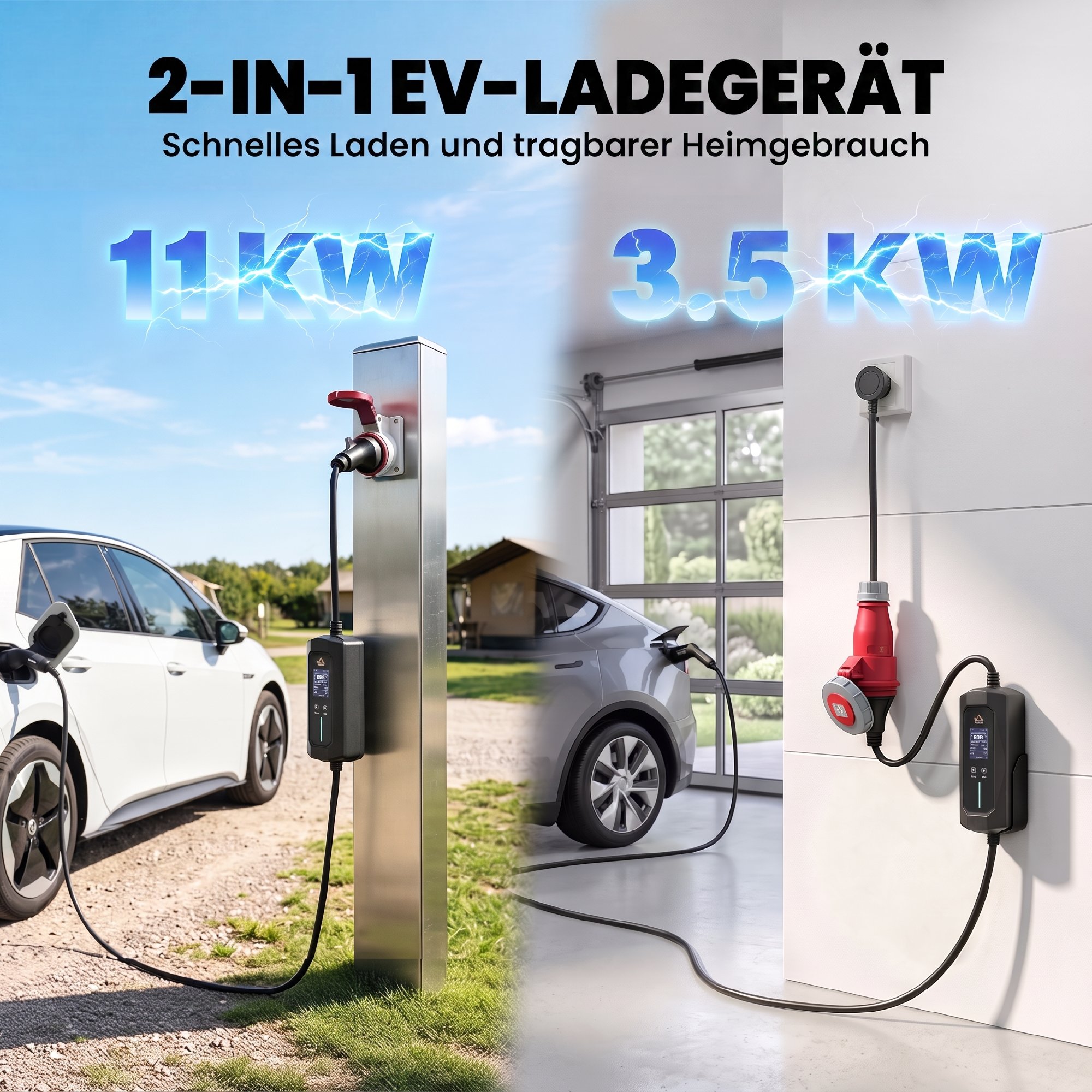 Mobile Wallbox 11kW 8m Typ 2 6–16 A 3-Phasig Ladekabel CEE 16A auf Typ 2 mit Einstellbarer Ladeleistung Startzeitvorwahl