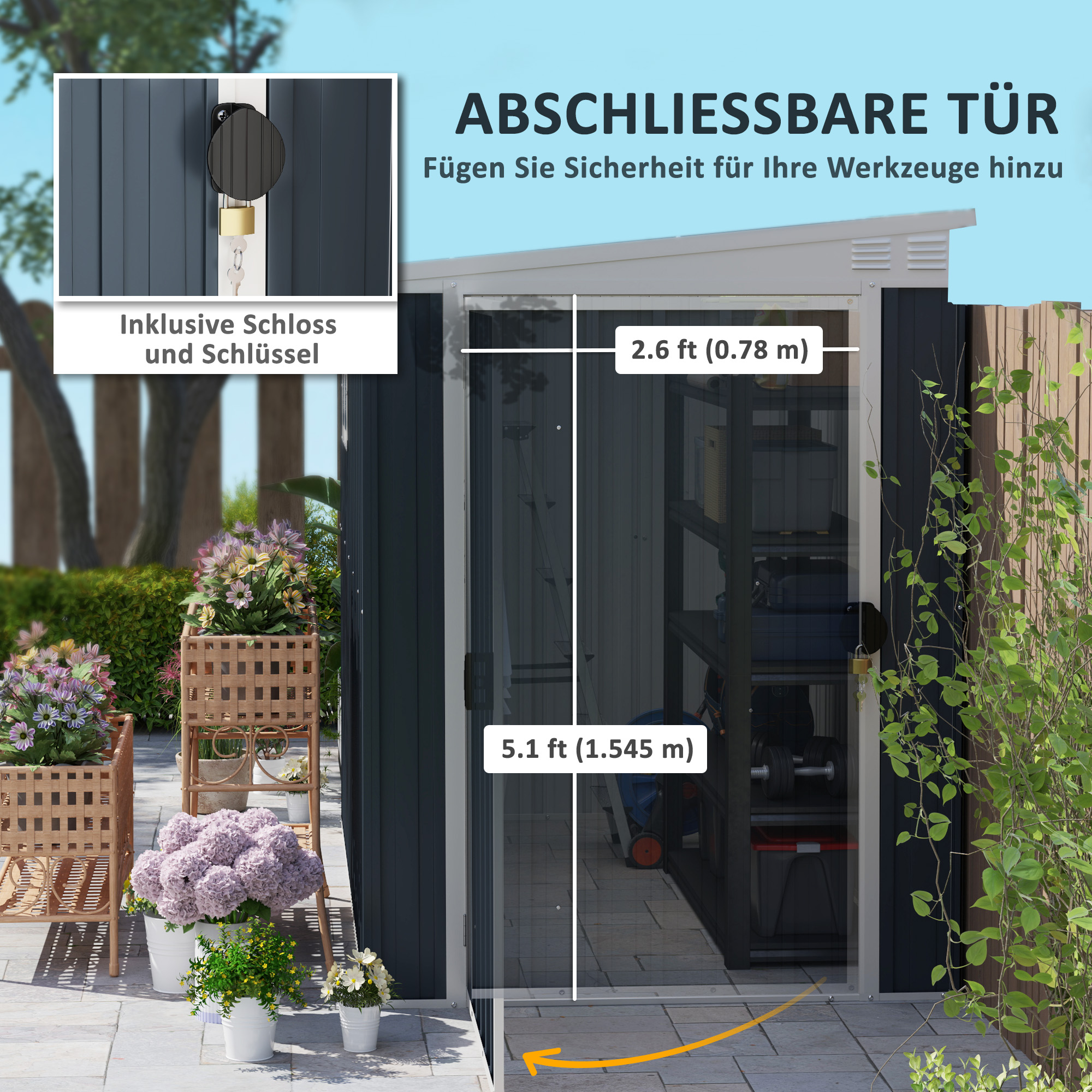 Gartenlagerschuppen, Werkzeugschuppen für Gartengeräte, Fenster, Lüftungsöffnungen, abschließbar, Stahl, Dunkelgrau