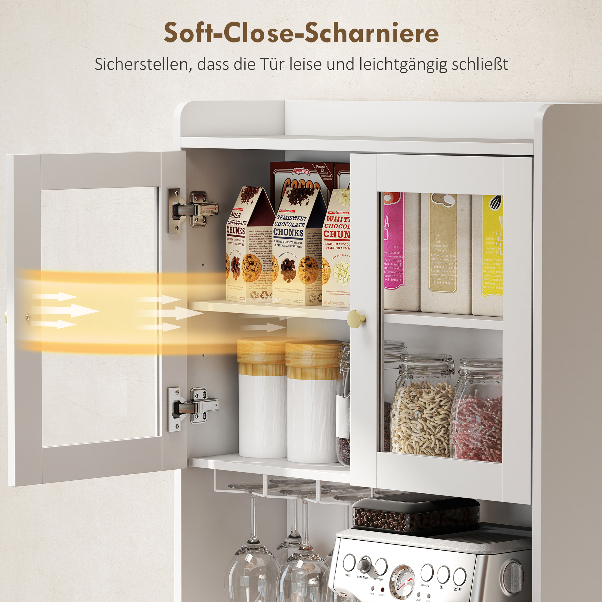 Küchenschrank mit Arbeitsfläche, Weinglashalter, Vorratsschrank für Küche, Esszimmer, 170 cm, MDF, Glas, Weiß