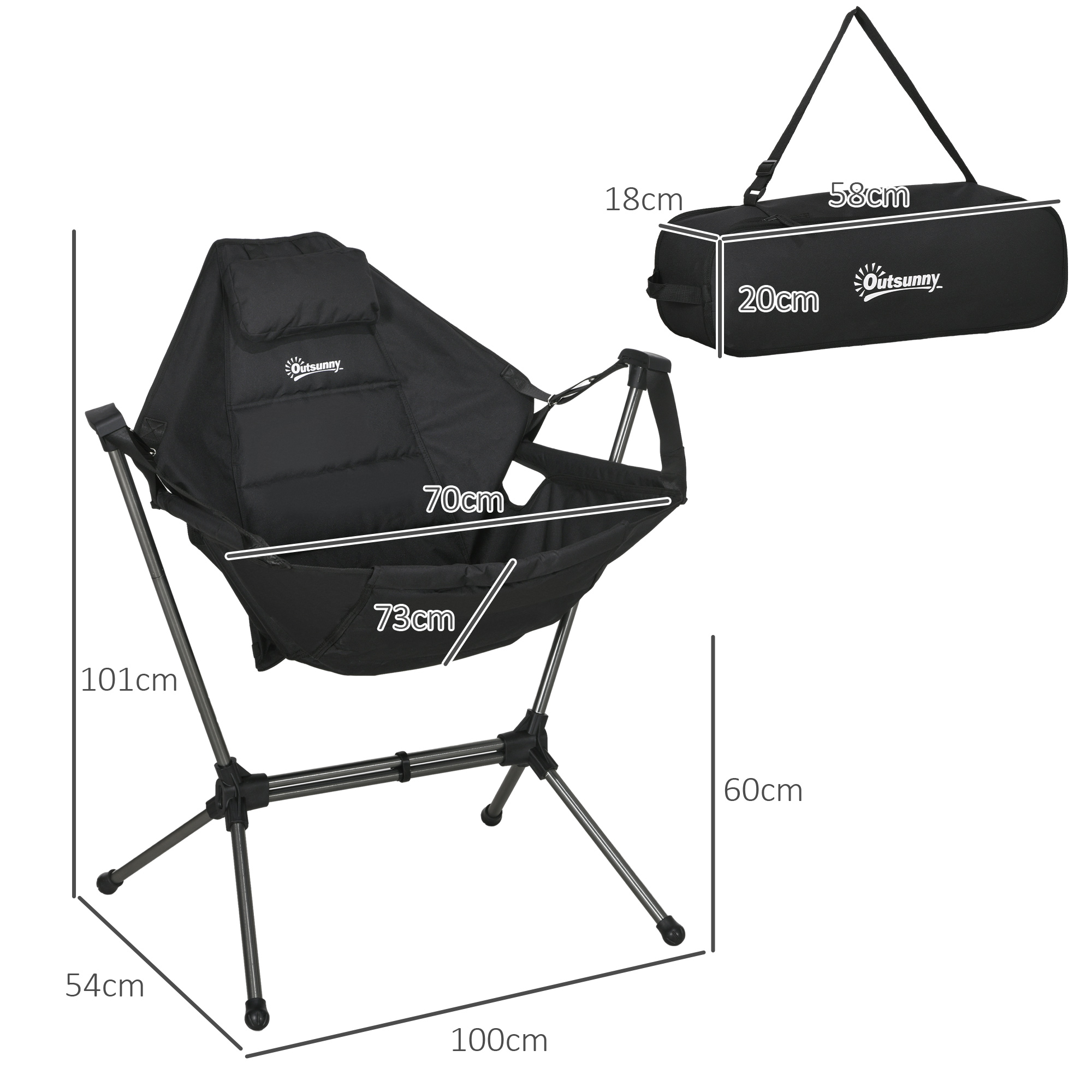 Camping-Schaukelstuhl, faltbar, verstellbare Rückenlehne, Aluminiumrahmen, 54 x 100 x 101cm, Schwarz