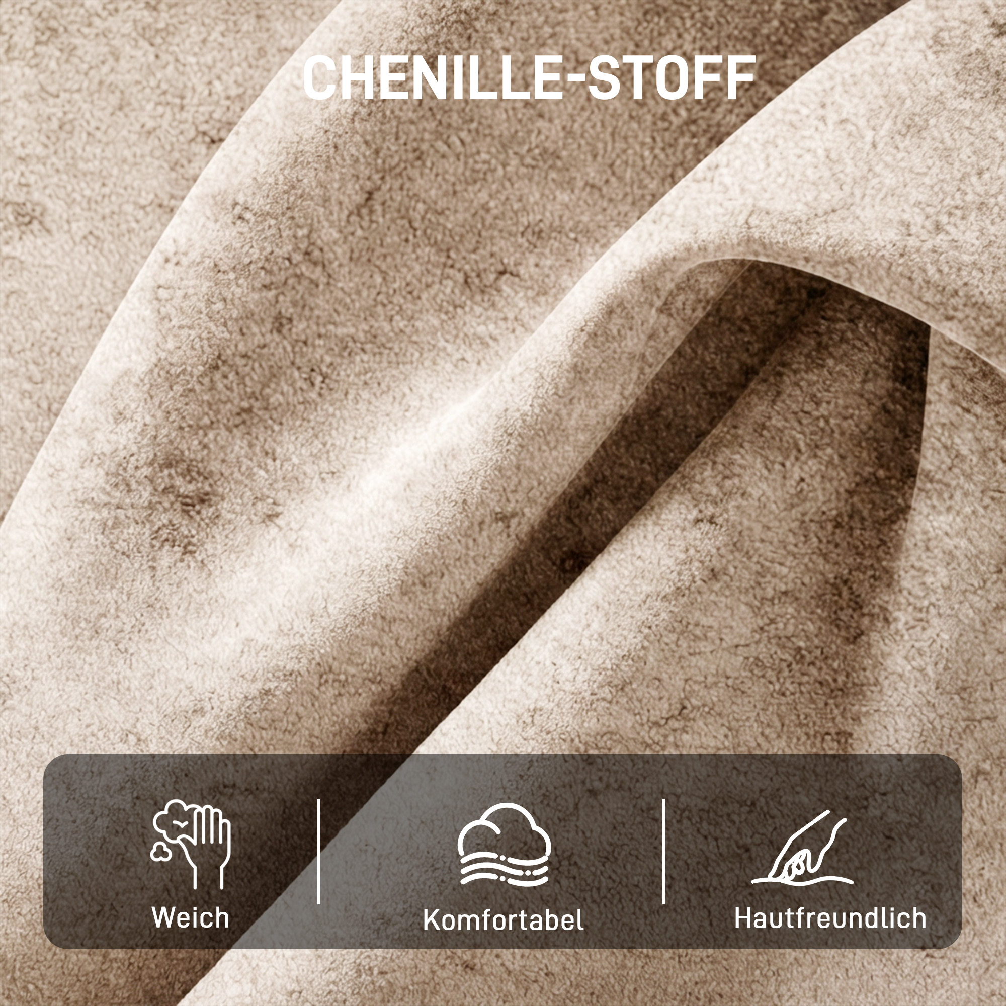 Akzentstuhl, Chenille-Polstersessel mit Massivholzrahmen und Beinen, Beige