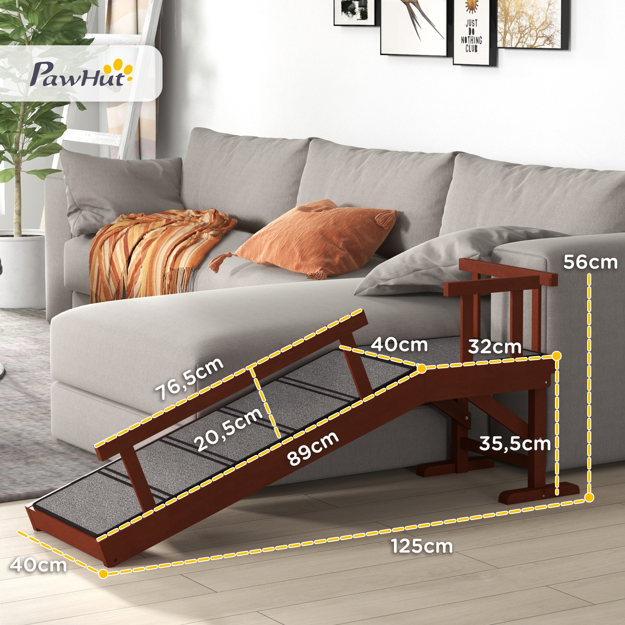 Hunderampe, abnehmbare Geländer, rutschfest, Holz, bis 30 kg, 125x40x56cm, Braun/Grau