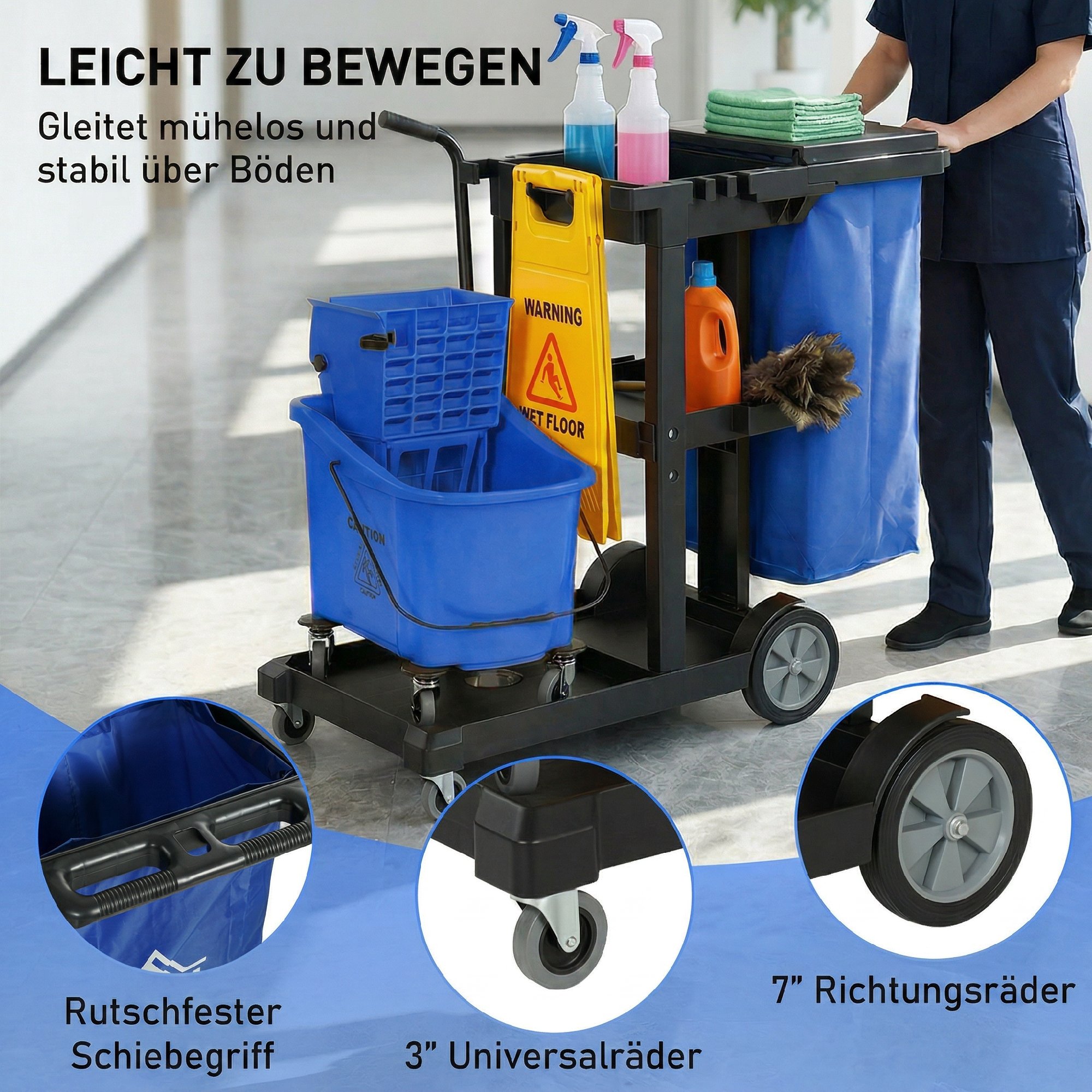 Reinigungskarre, Rollender Putzwagen mit 3 Ablagen, 70-Liter-Müllsack, Mop-Wringer-Eimer, Blau