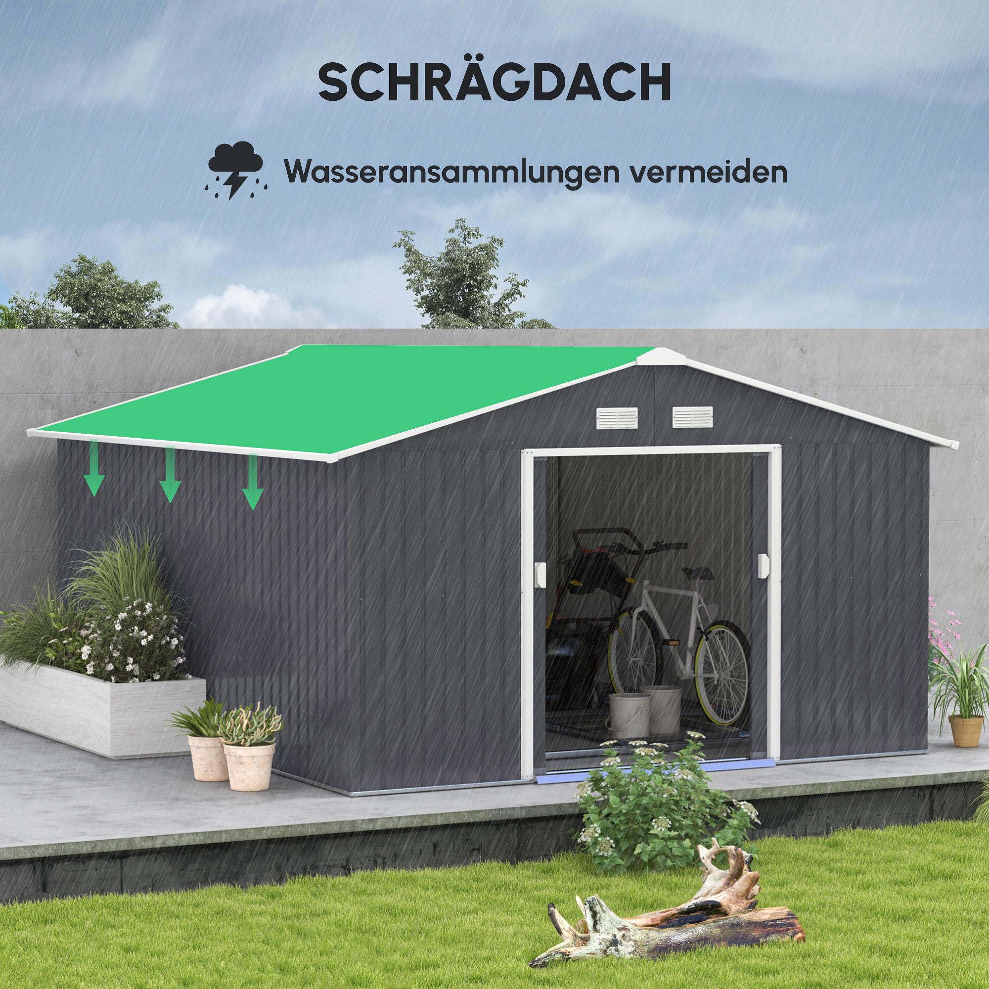 Geräteschuppen, Wetterfestes Gartenhaus für Gartengeräte, mit Belüftungsfenstern, Schiebetüren, Stahl, Kohlegrau
