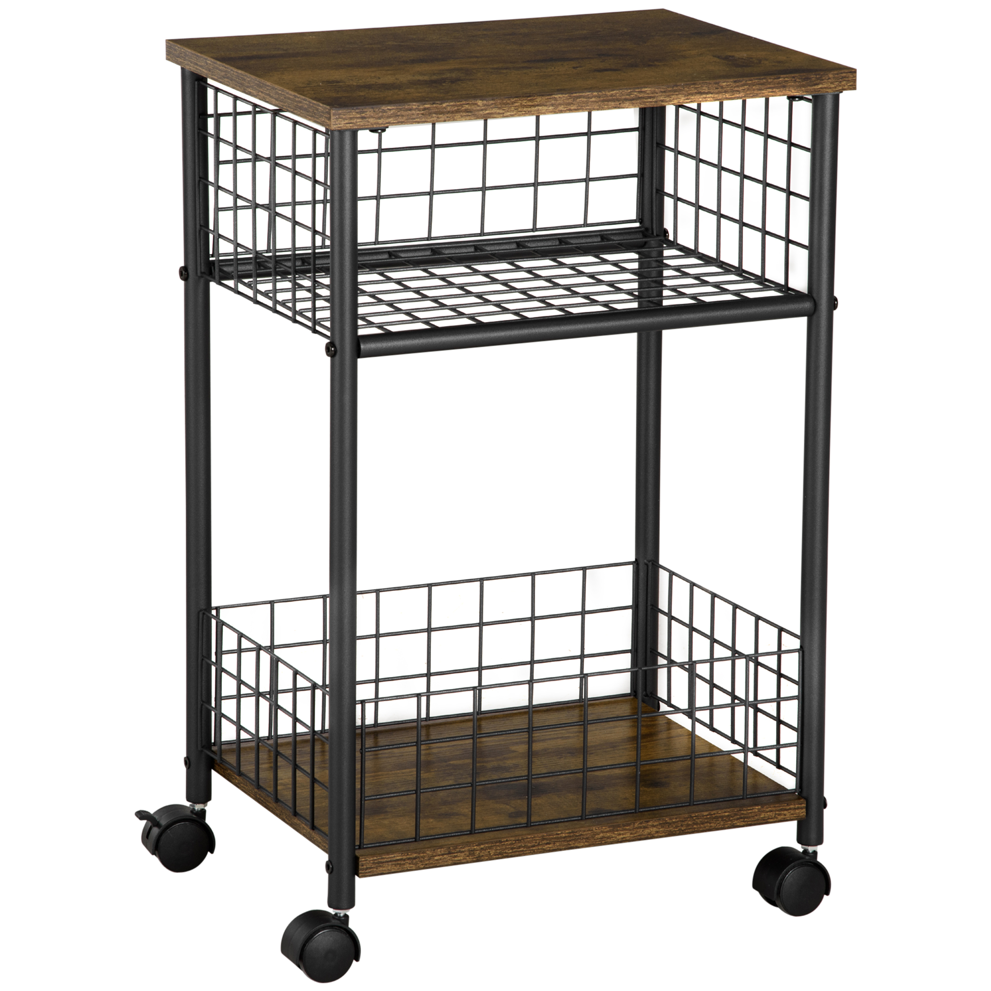 Küchenwagen im Industriedesign 1 Regal 1 Aufbewahrungskorb 4 Räder 40 cm x 30 cm x 62 cm Stahl Schwarz + Braun