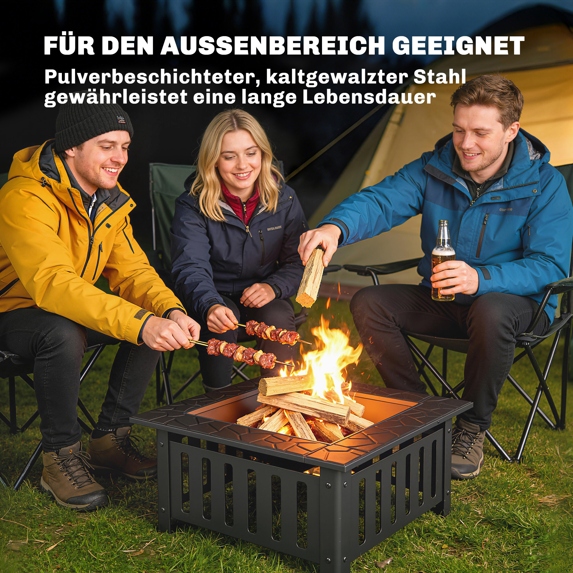 Feuerschale aus Stahl Feuerstelle mit Funkenschutz Schürhaken für Outdoor Camping 67x67x47cm Schwarz