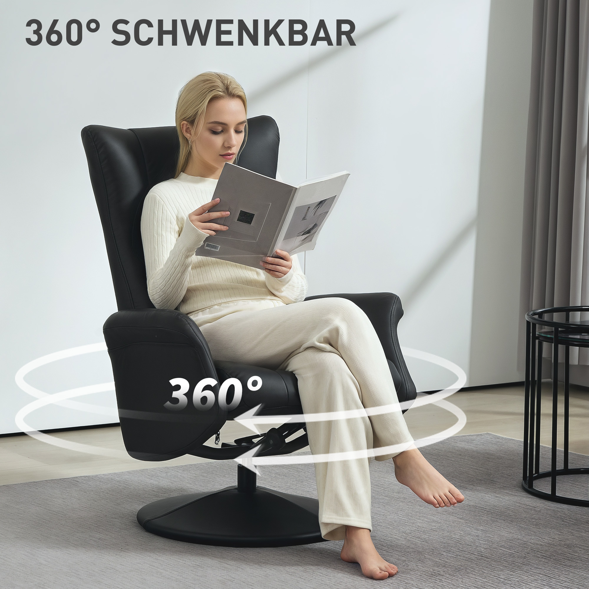 Chefsessel mit Hocker, Lederoptik, drehbar, verstellbare Lehne, bis 150 kg, Schwarz