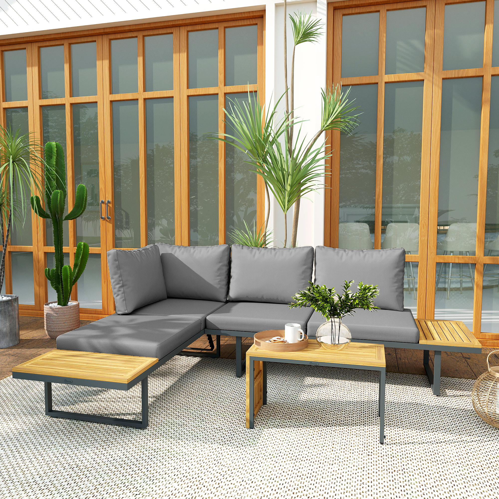 Außenmöbel-Set, auf 6 Sitze erweiterbar, L-förmige Outdoor-Sitzecke mit Tischen, Stahlrahmen, verstellbare Lehnen, Grau