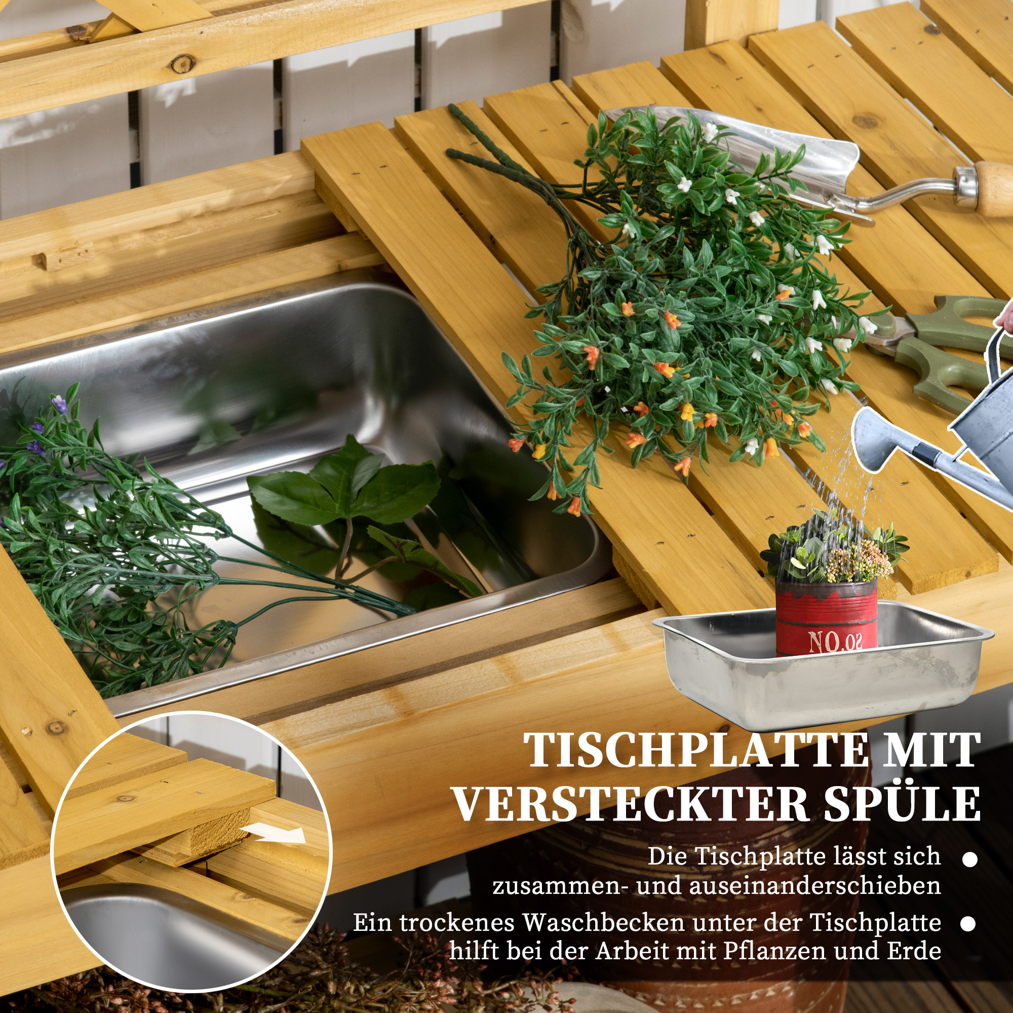 Garten-Arbeitstisch, integriertes Edelstahl-Spülbecken, 2 Ablagen, Massivholz, braun, 92 x 45 x 120 cm
