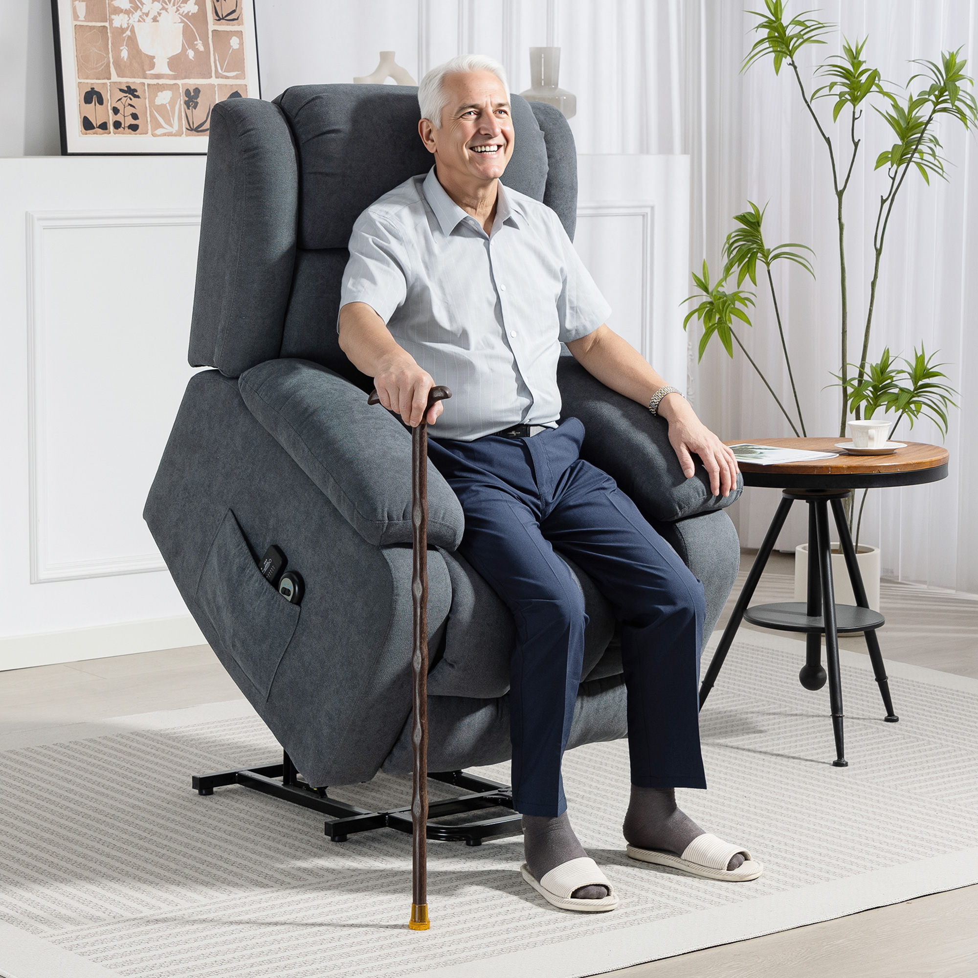 Fernsehsessel mit Aufstehhilfe Elektrisch Relaxsessel mit Liegefunktion, Massagefunktion, 93x91x103 cm, Dunkelgrau