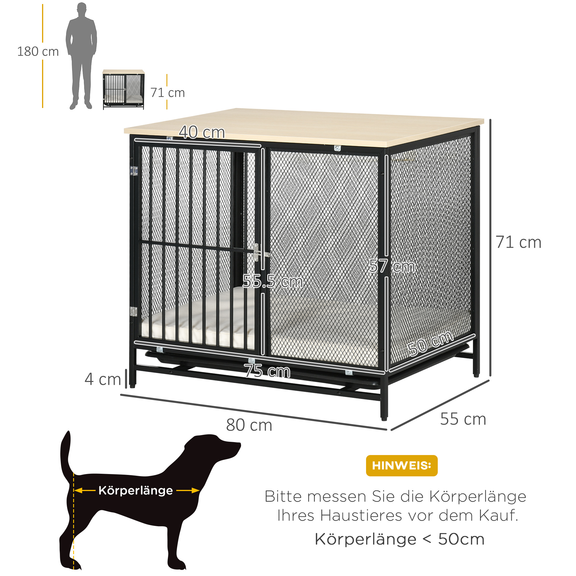Hundekäfig, Hundebox, wasserabweisende Matte, herausnehmbare Bodenwanne, verriegelbar, Schwarz, 80 x 55 x 71 cm