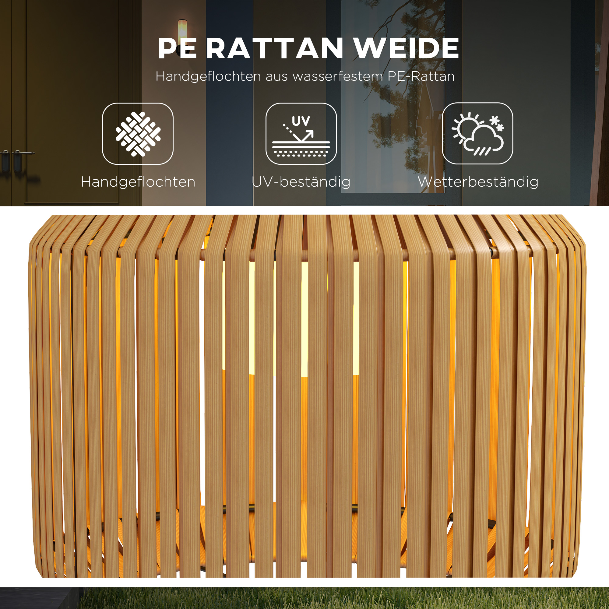 Rattan Außenleuchte, Solar Gartenlampe, Einschaltautomatik, LED, wetterfest, Metallrahmen, Ø34 x 130cm, Schwarz/Gelb