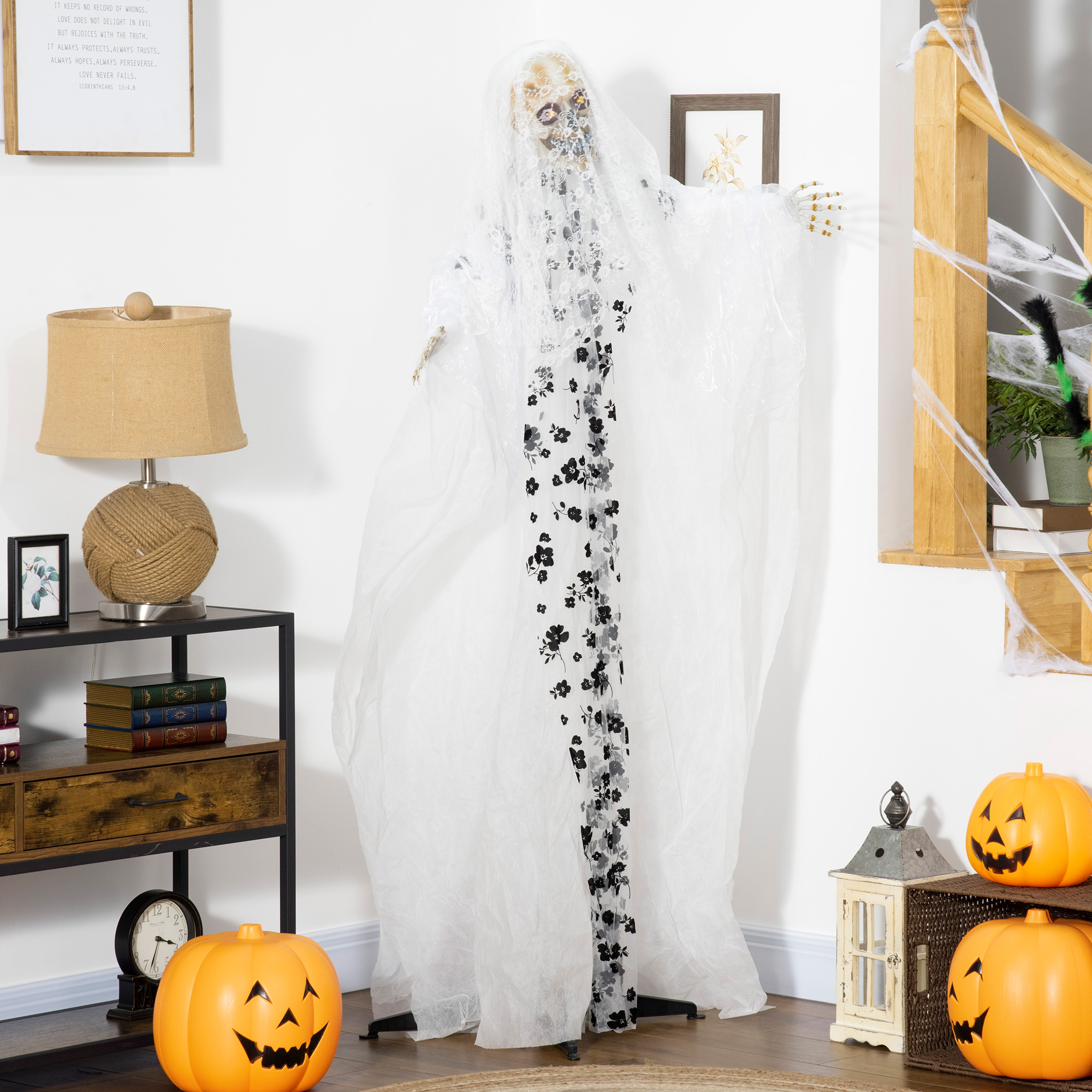 Halloween-Dekoration Geisterbraut, Schreie & Augenleuchten, bewegungsaktiviert, 170cm groß, Indoor