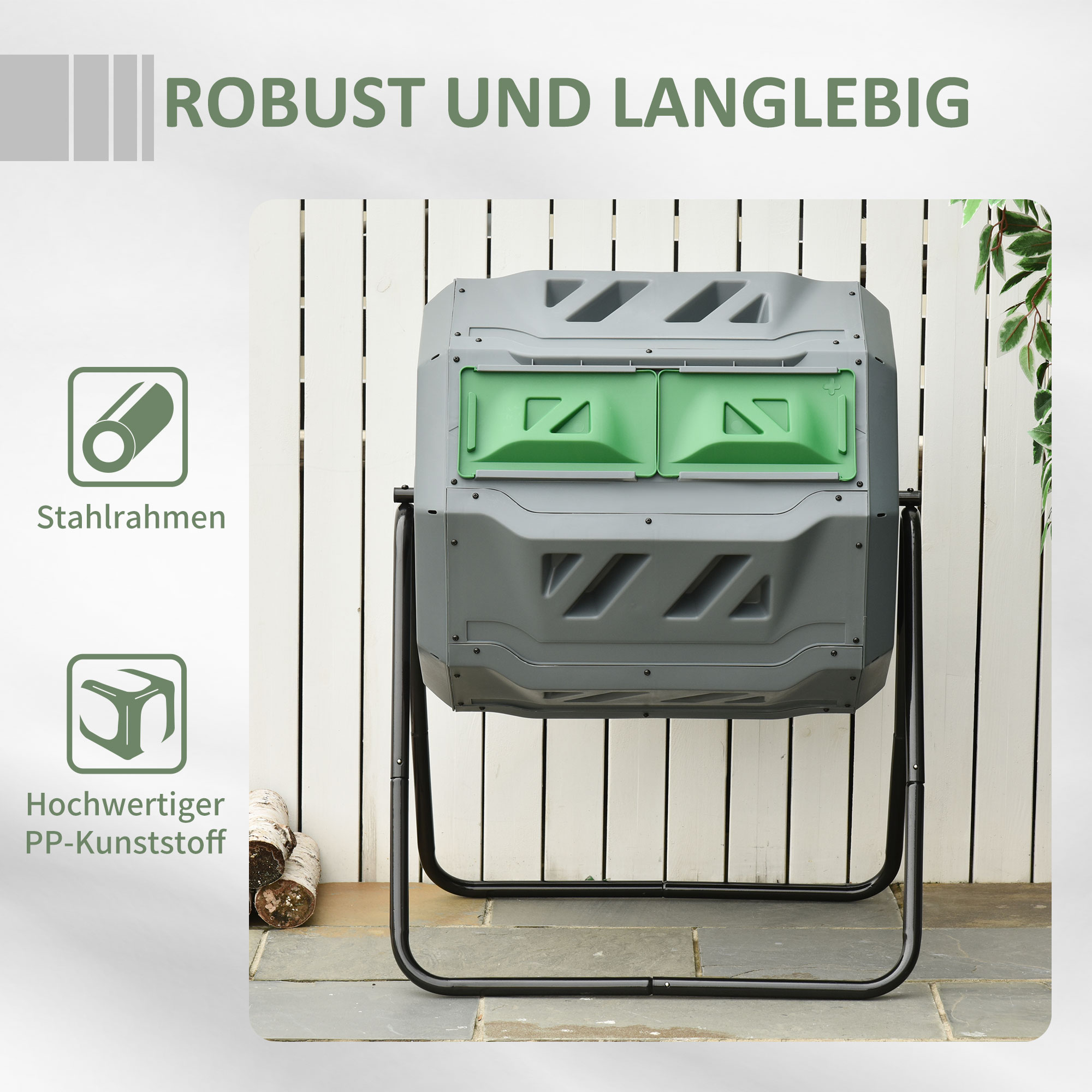 Kompostbehälter mit 2 Behältern, 160 L Fassungsvermögen, drehbar, 71 cm x 65 cm x 96 cm, Grau + Grün + Schwarz